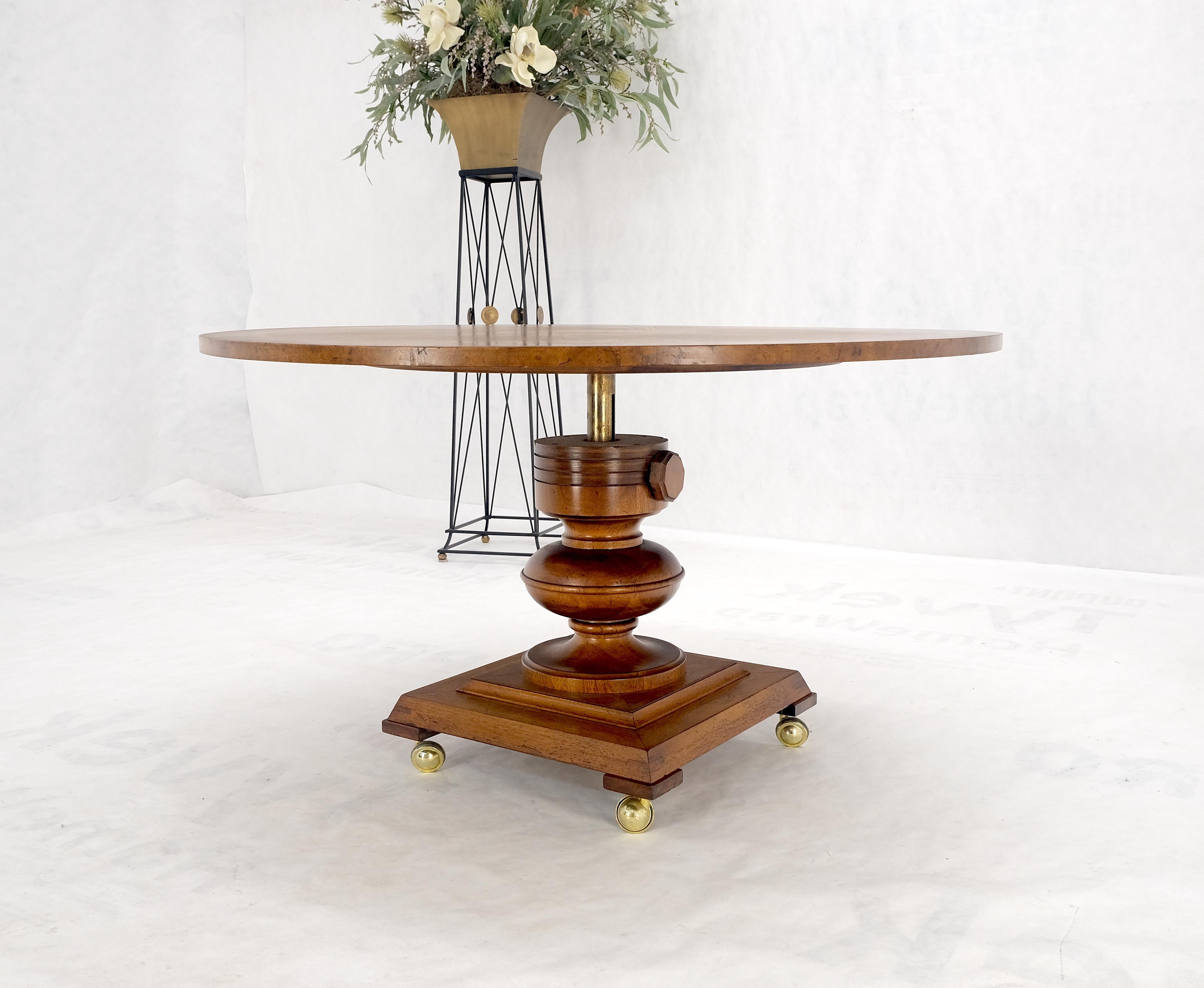 Mid-Century Modern Round Burl Wood Adjustable Height Single Pedestal Base Dining-Coffee Table MINT! For Sale
