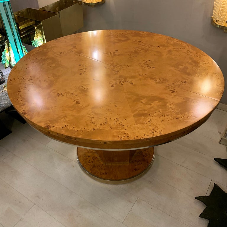 Round Burl Wood Dining Table with Central Pedestal Base by J. C. Mahey ,  1980s at 1stDibs
