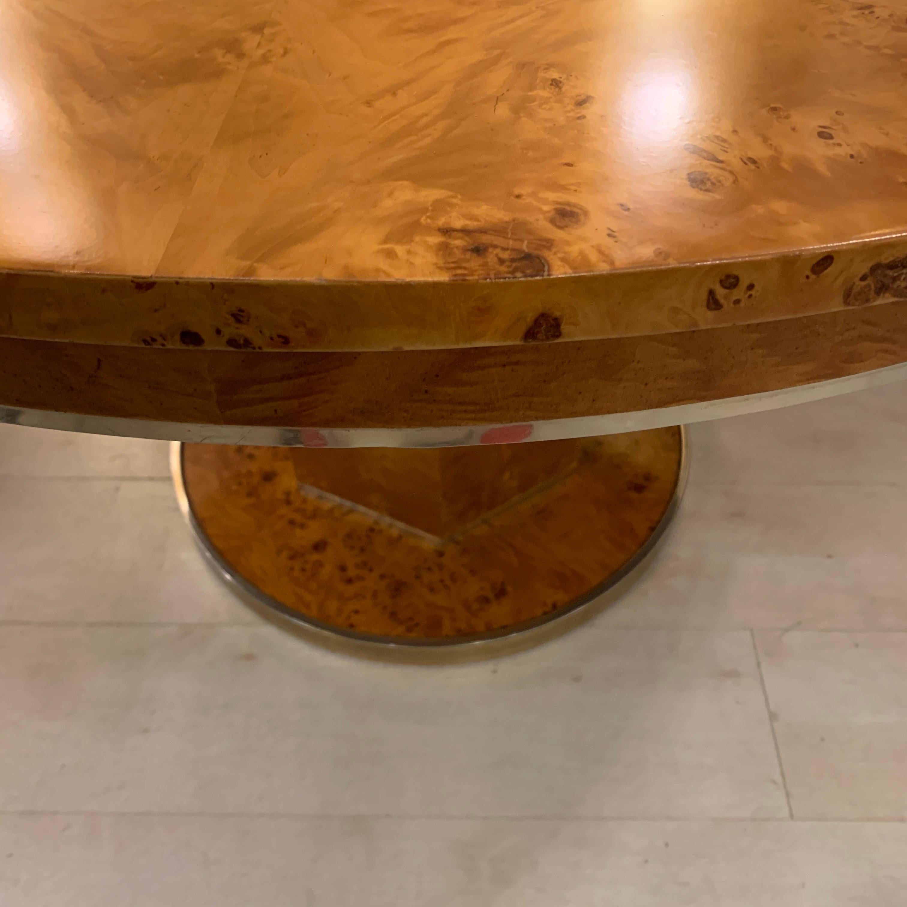Modern Round Burl Wood Dining Table with Central Pedestal Base by J. C. Mahey , 1980s