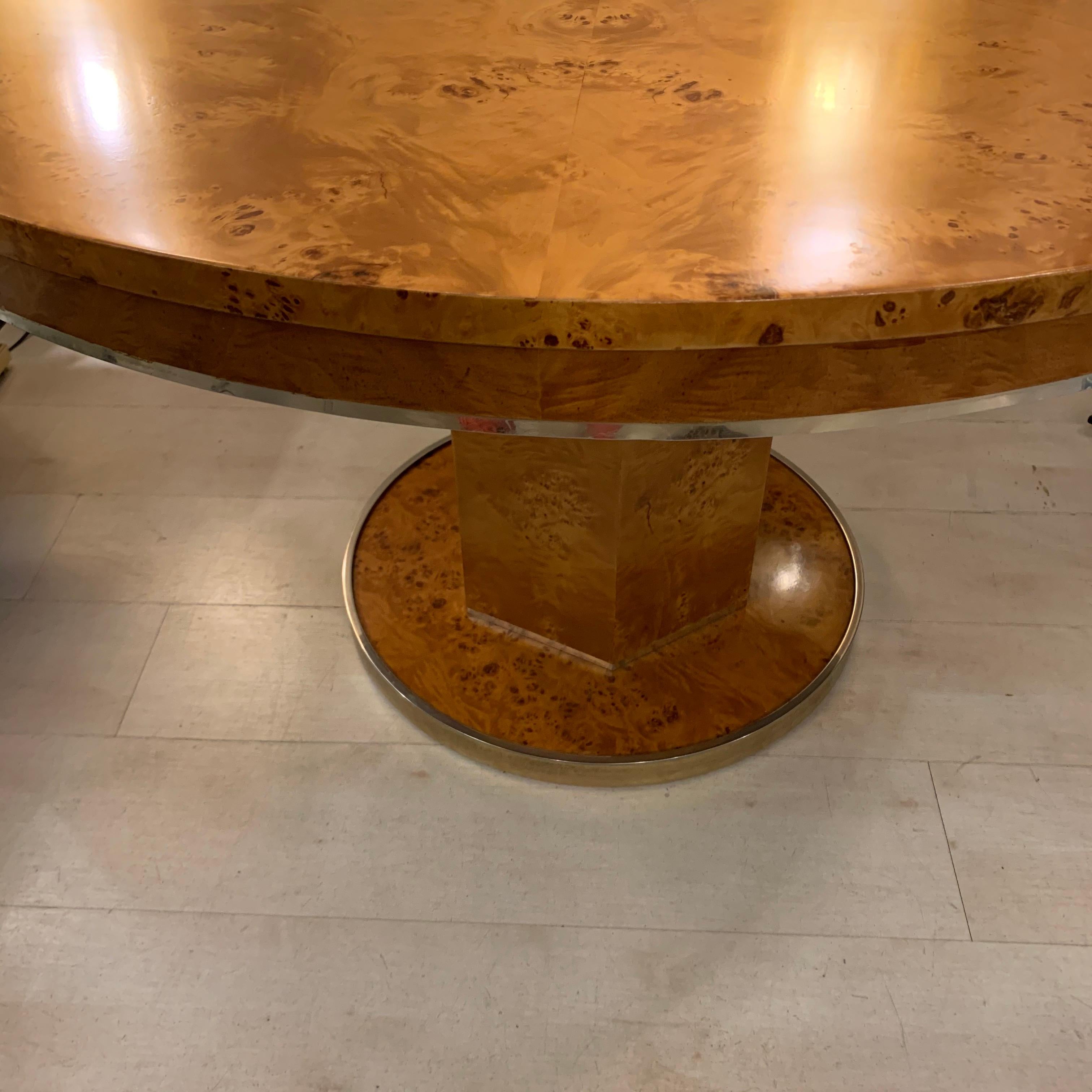 French Round Burl Wood Dining Table with Central Pedestal Base by J. C. Mahey , 1980s