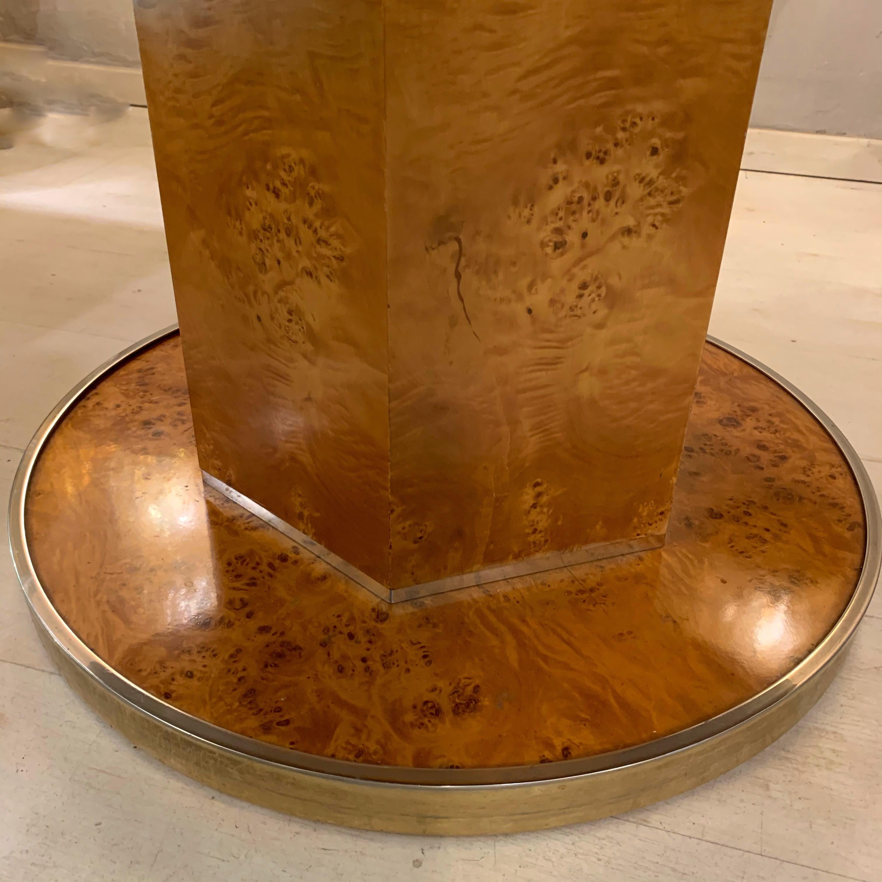 Late 20th Century Round Burl Wood Dining Table with Central Pedestal Base by J. C. Mahey , 1980s