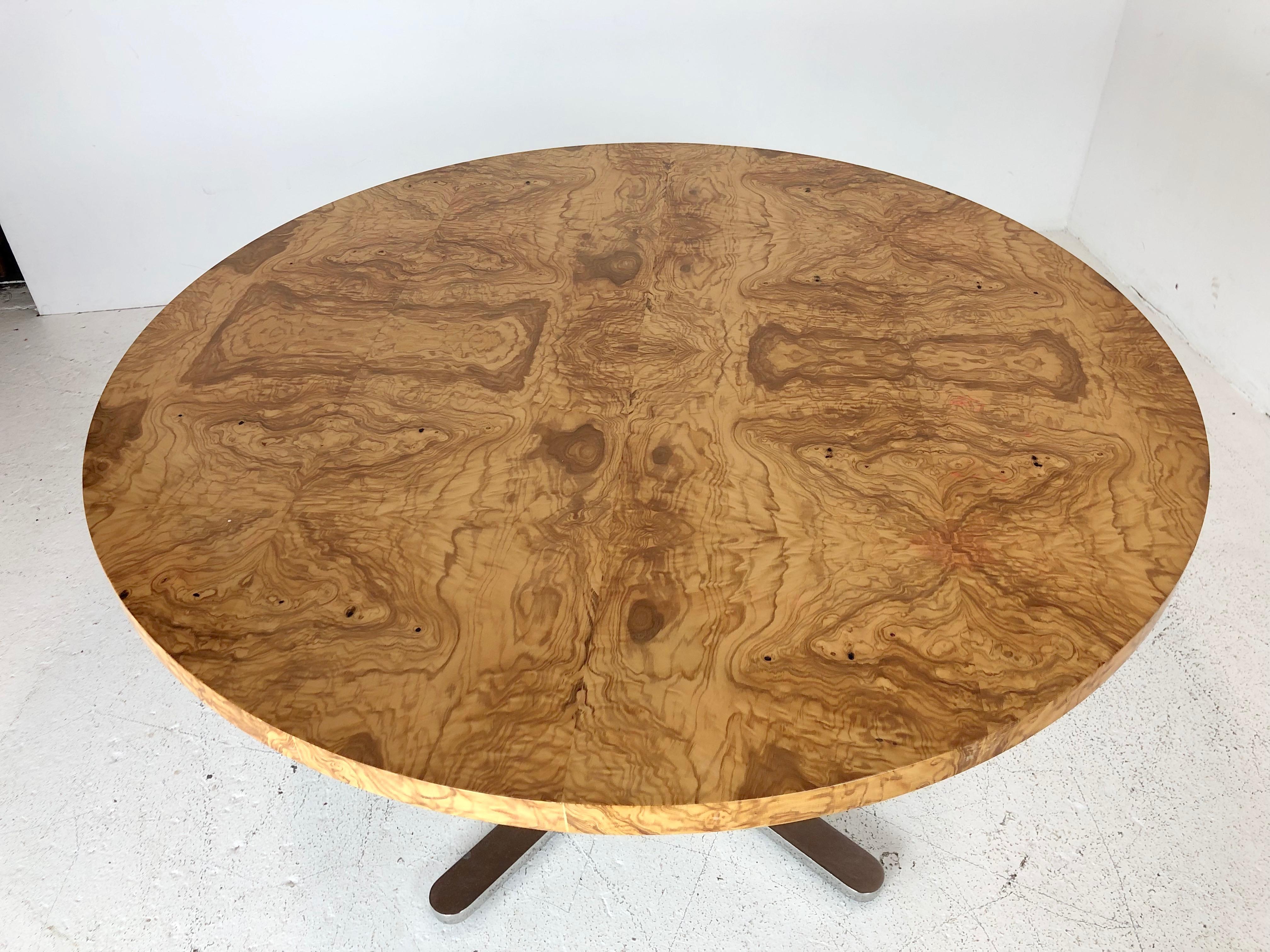 Veneer Round Burl Wood Dining Table with Star Pedestal Base in the Style of Pace