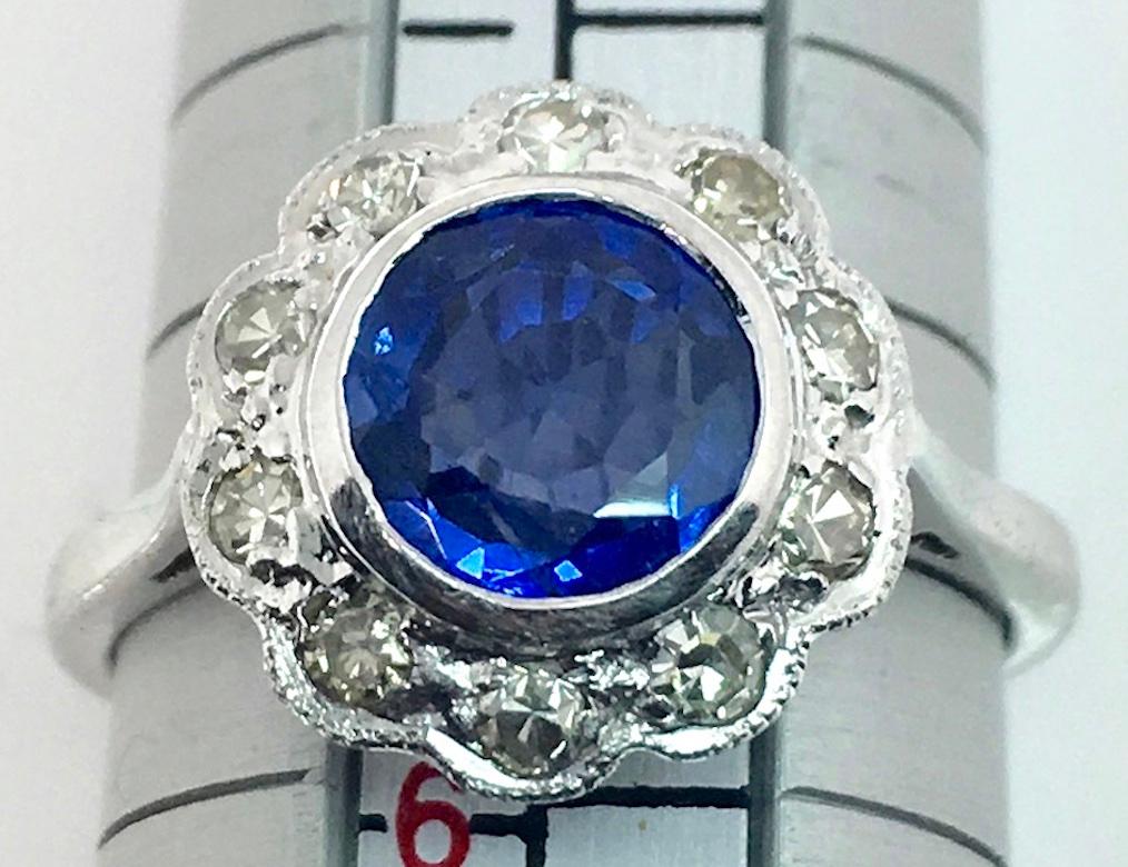 1930's Platinum Round Burma Natural Sapphire and Diamond Cluster Ring For Sale 4