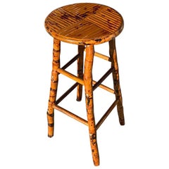 Round Burnt Bamboo and Rattan Inlaid Barstool or Plant Stand