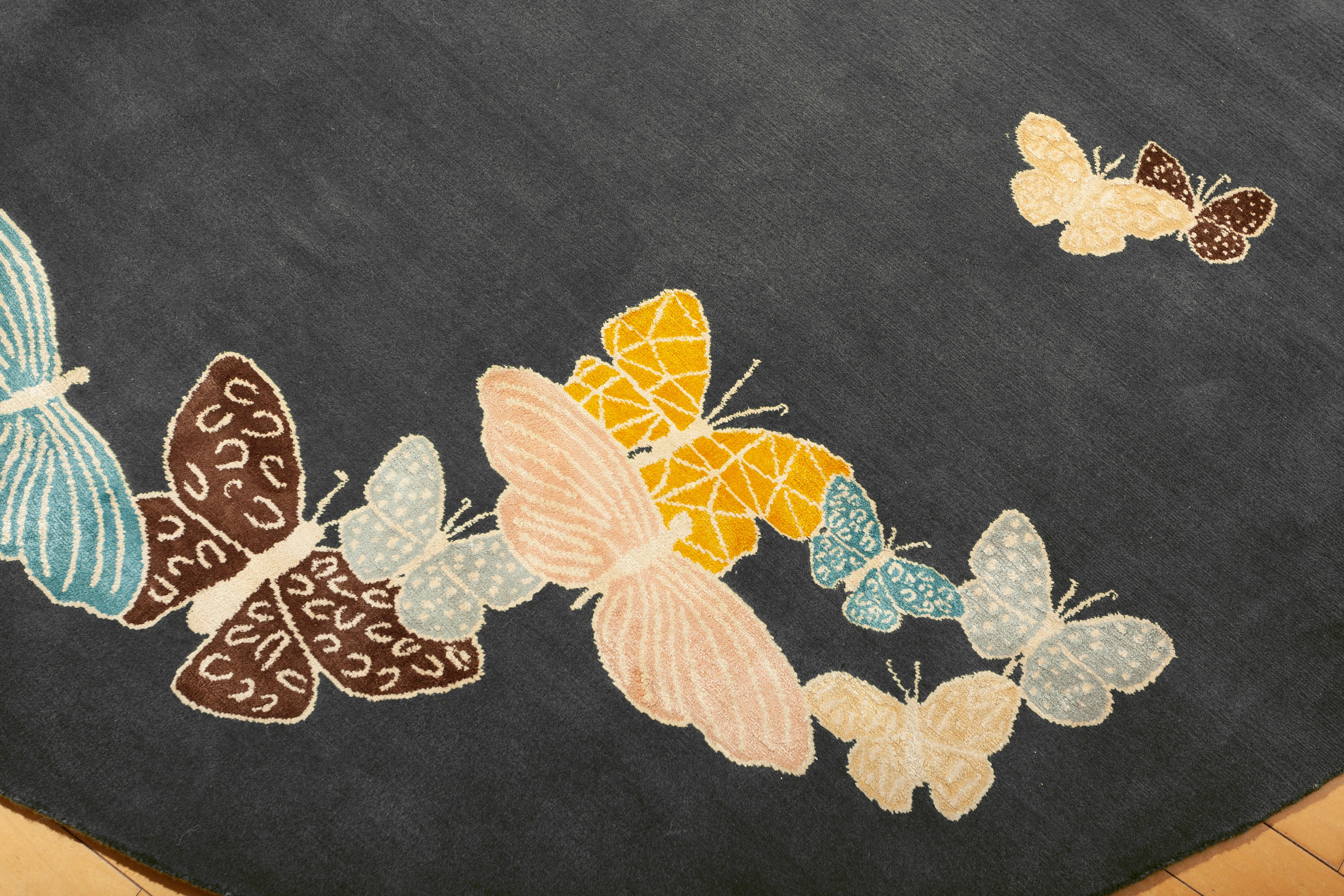 Sergio Mannino Studio's collection of rugs is expanded with new designs.
Hand-drawn butterflies seem to come out of the floor. The background is wool, while the butterflies are made with a silk thread.

Any new combination of colors (and sizes)