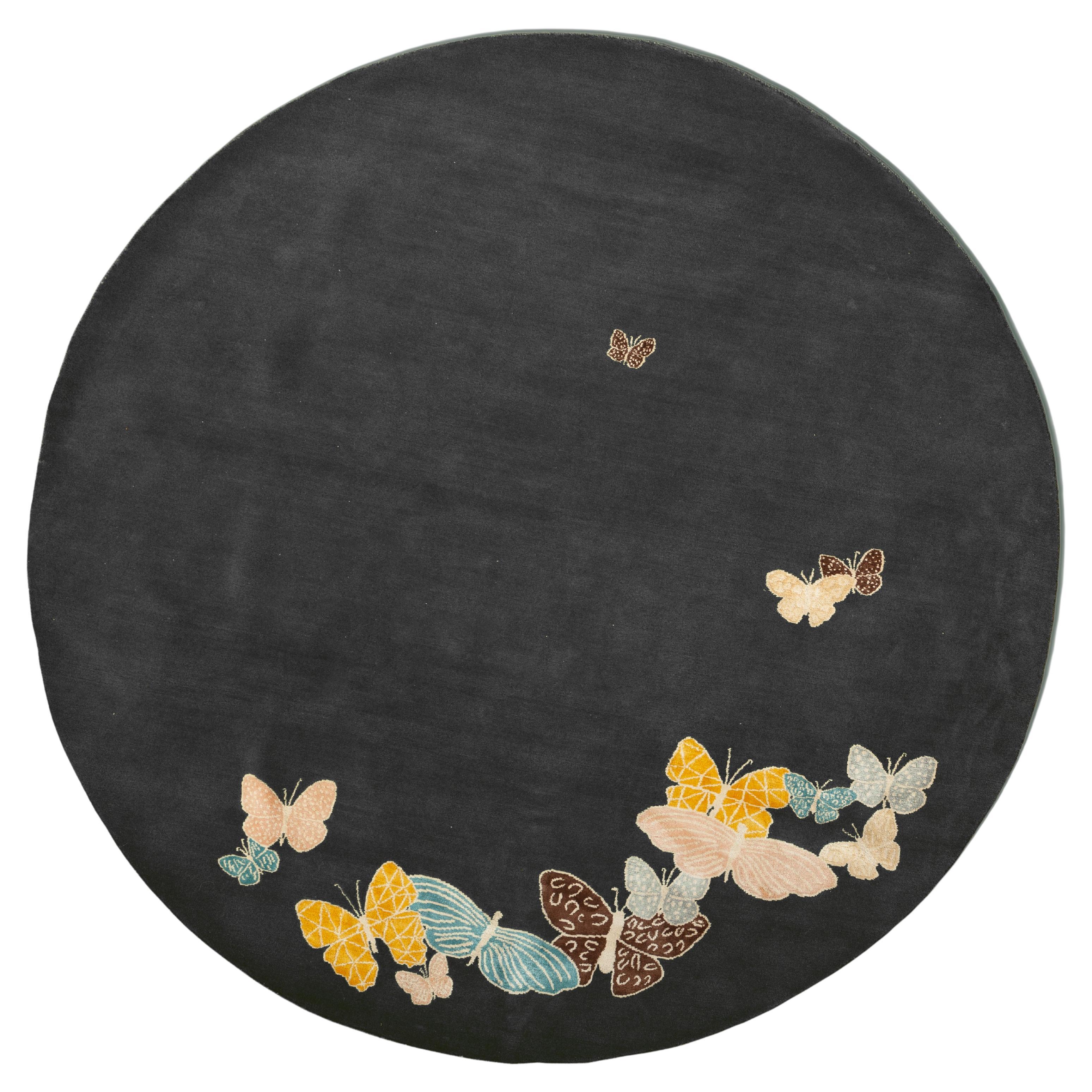 Round Butterfly Nepalese Rug, Charcoal Blue, Pink, Orange. Wool and Silk, Custom For Sale