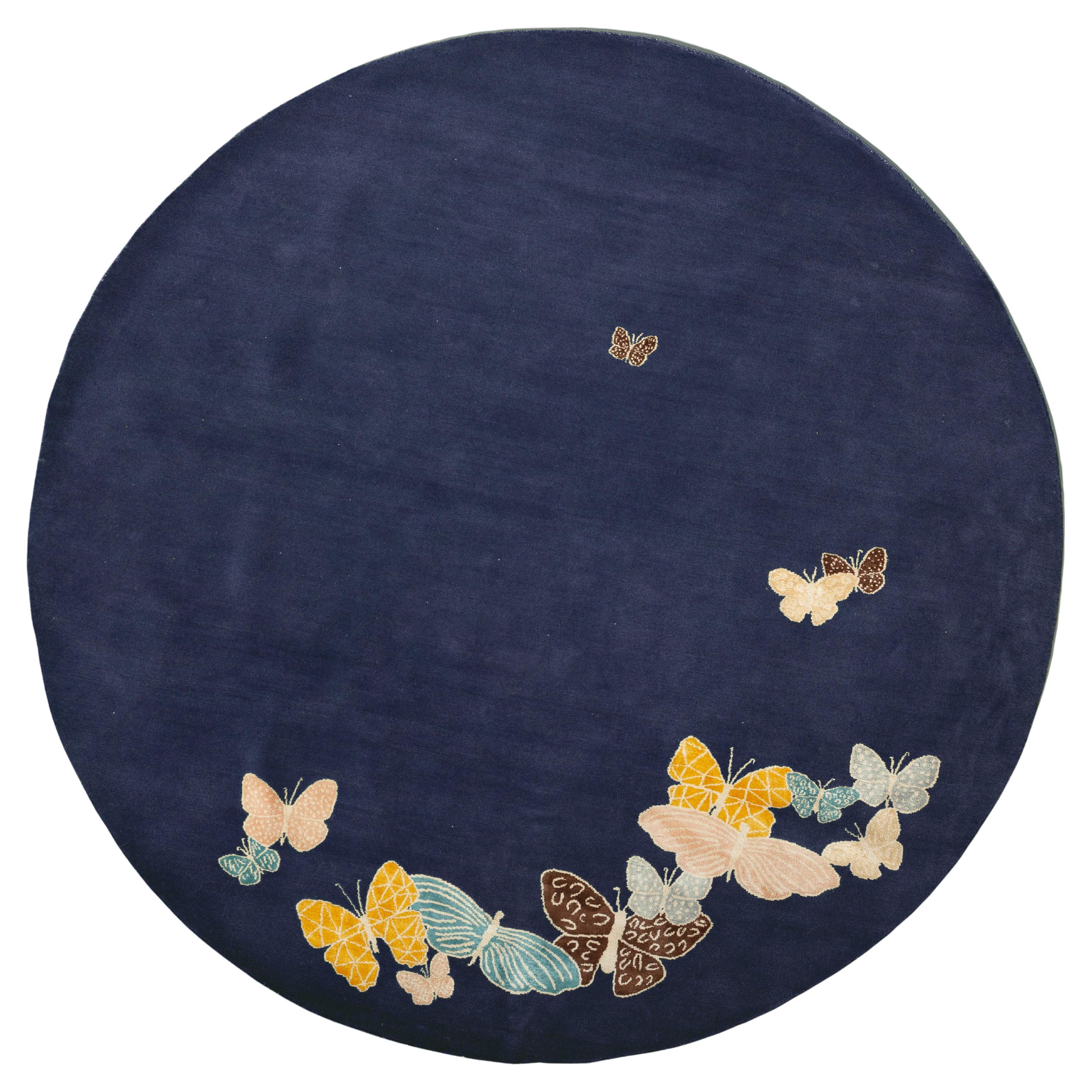 Tapis tibétain rond papillon : bleu, rose, orange. Laine et soie, sur mesure en vente