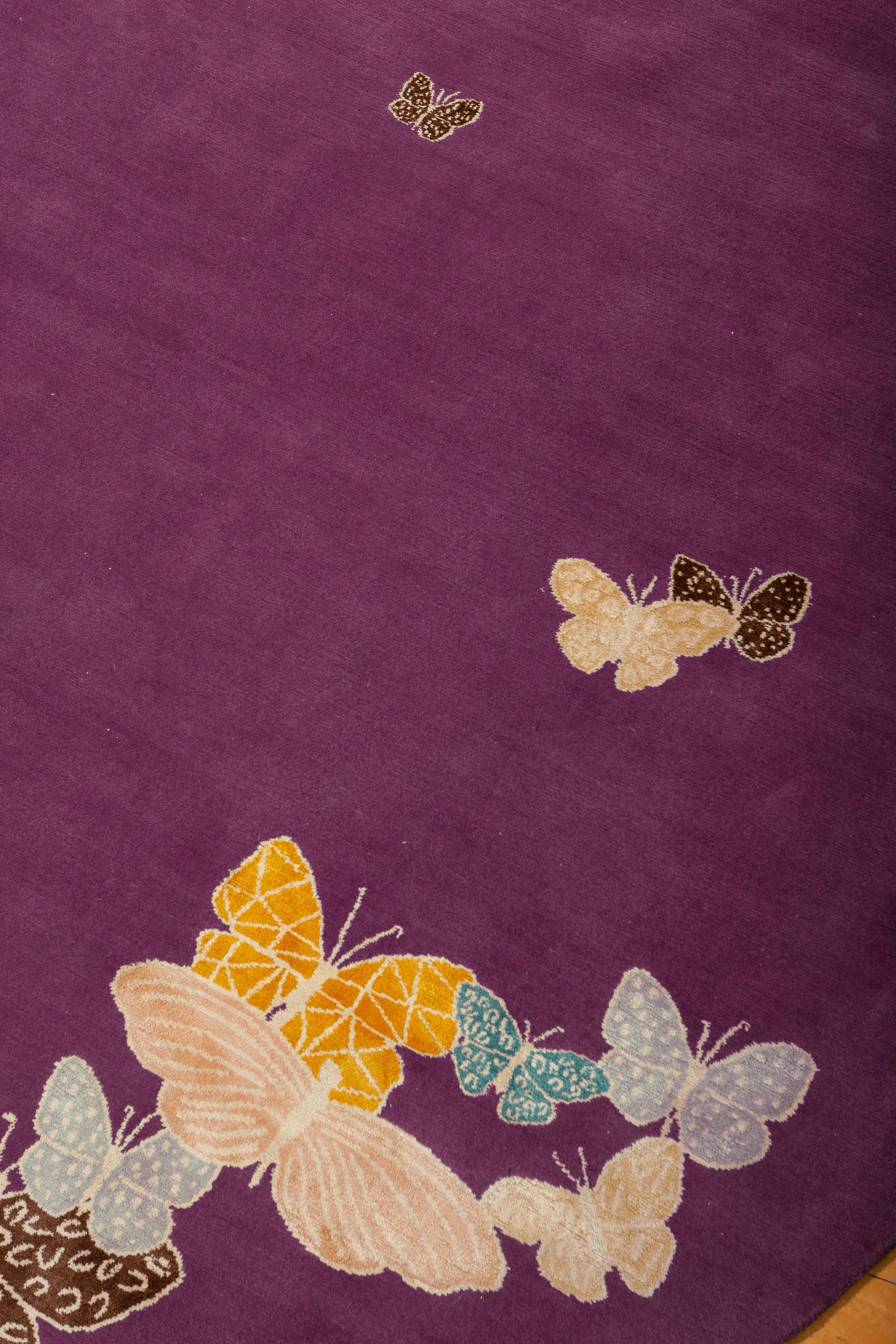 Hand-Knotted Round Butterfly Tibetan Nepalese Rug: Purple Pink, Orange, Wool and Silk, Custom For Sale