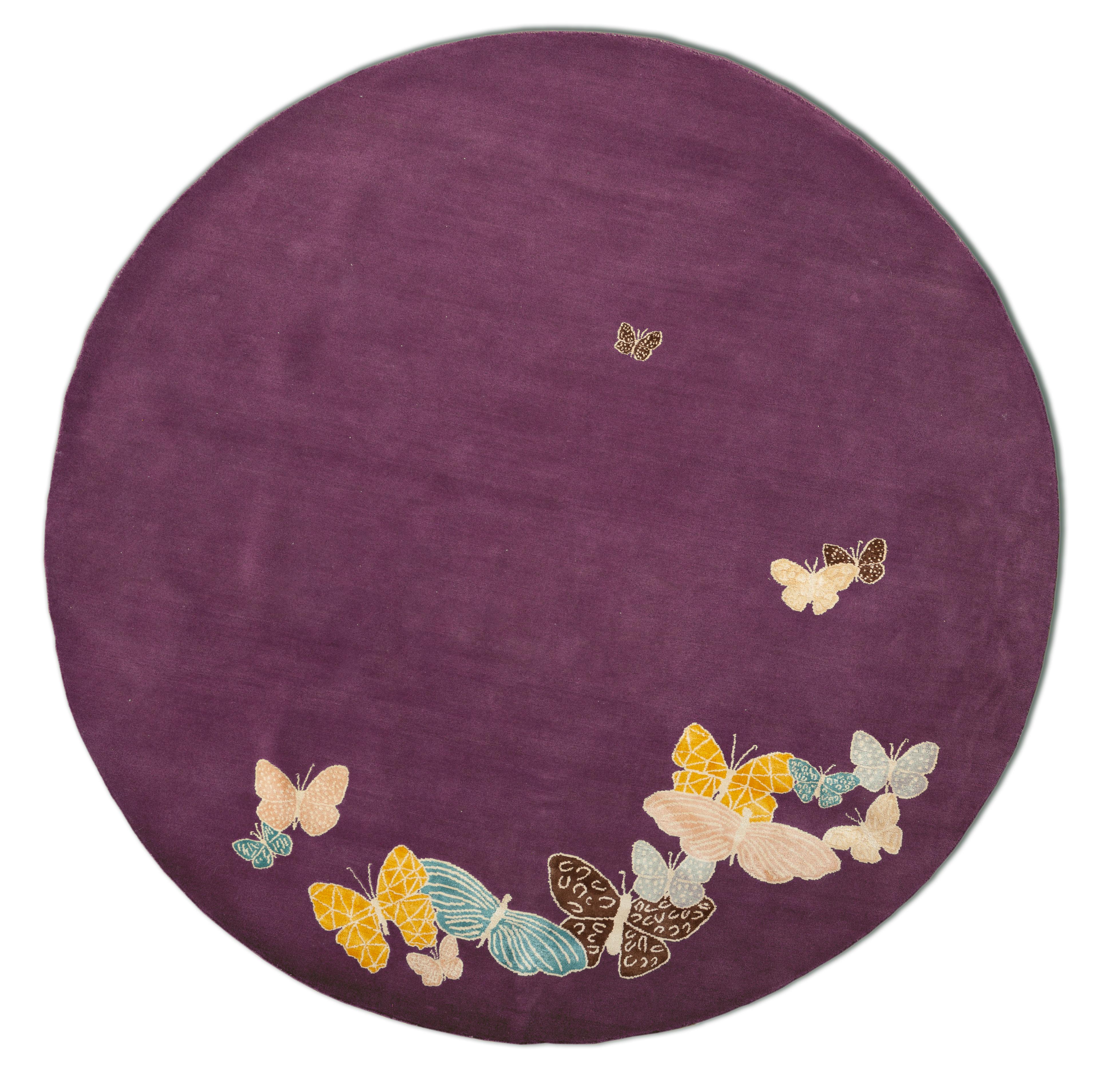 Tapis tibétain rond papillon : rose violet, orange. Laine et soie, sur mesure