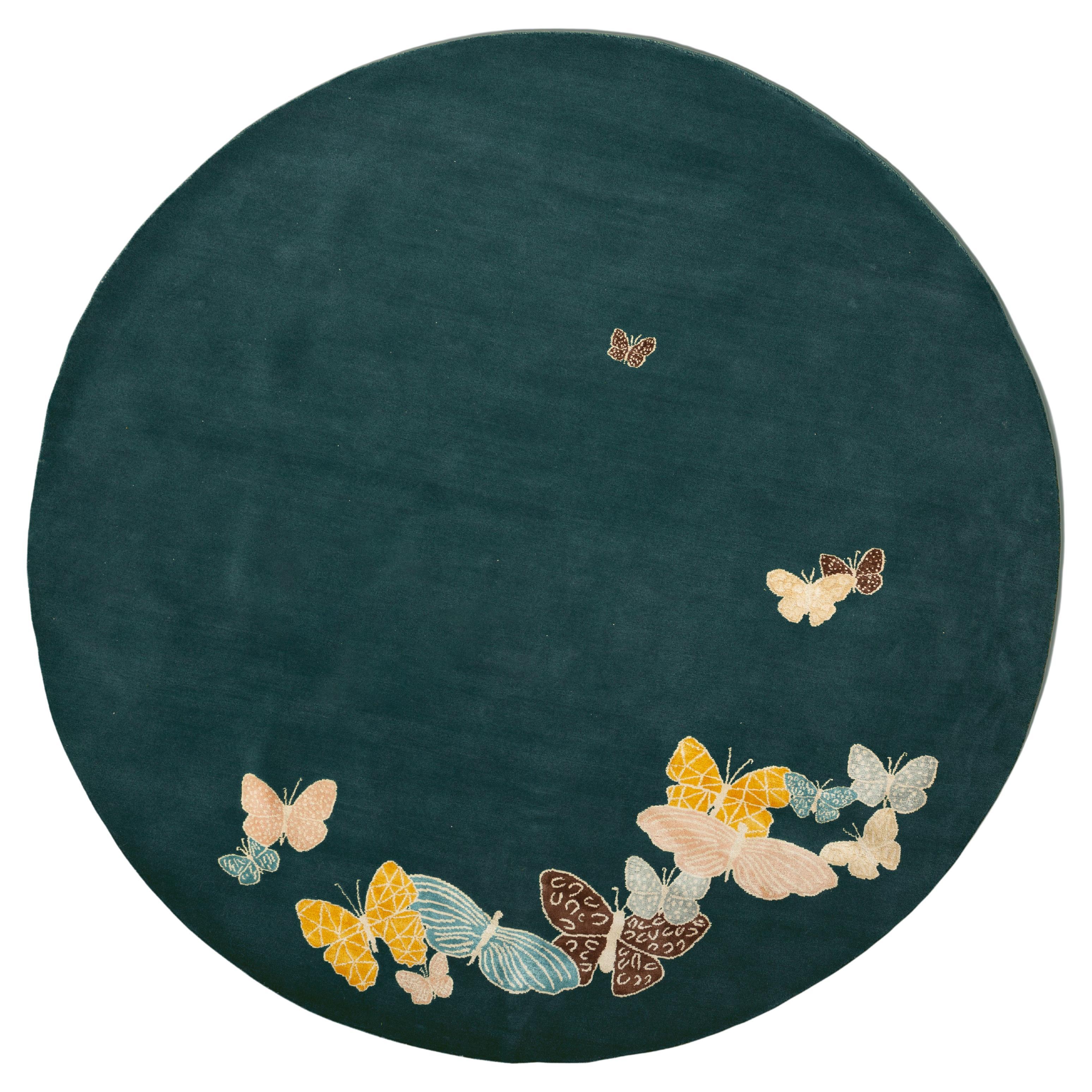 Tapis tibétain rond papillon : rose sarcelle, orange. Laine et soie, sur mesure