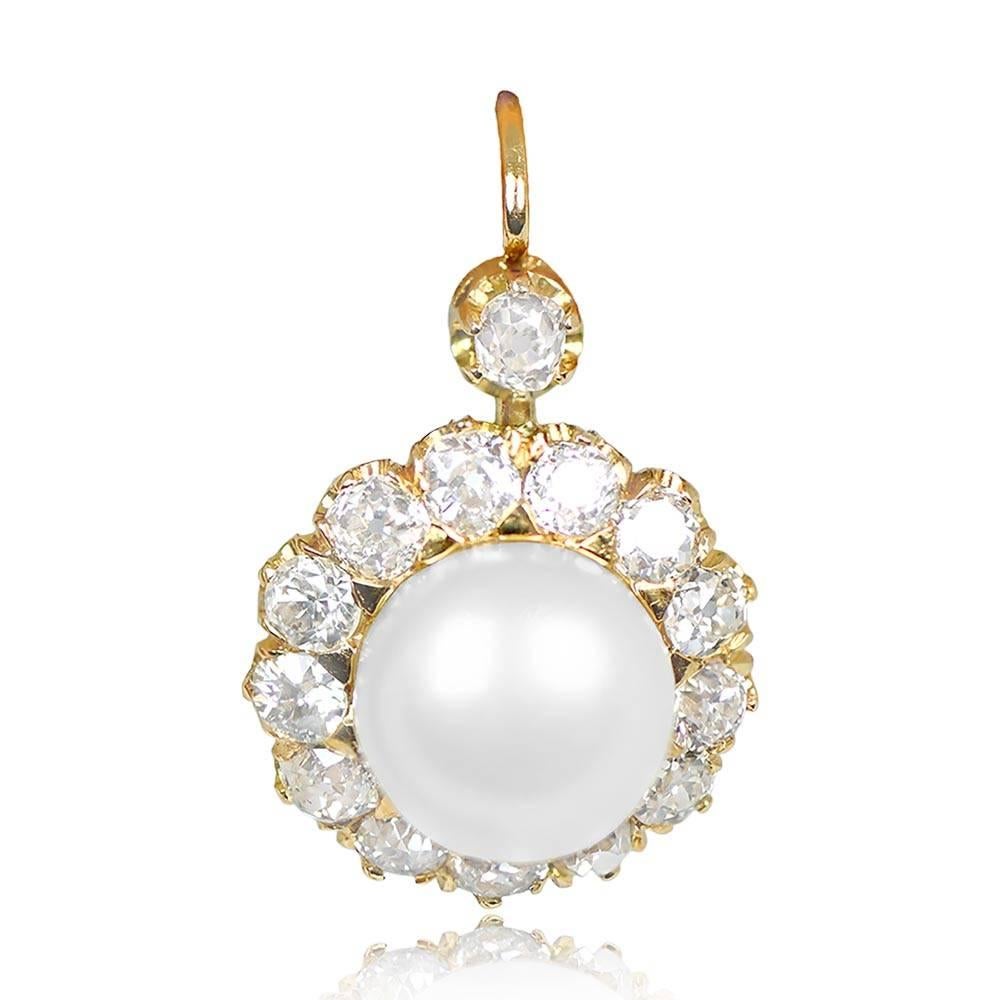 Art Deco Round Button Natural Saltwater Pearl Earrings, Diamond Cluster, 18k Yellow Gold For Sale
