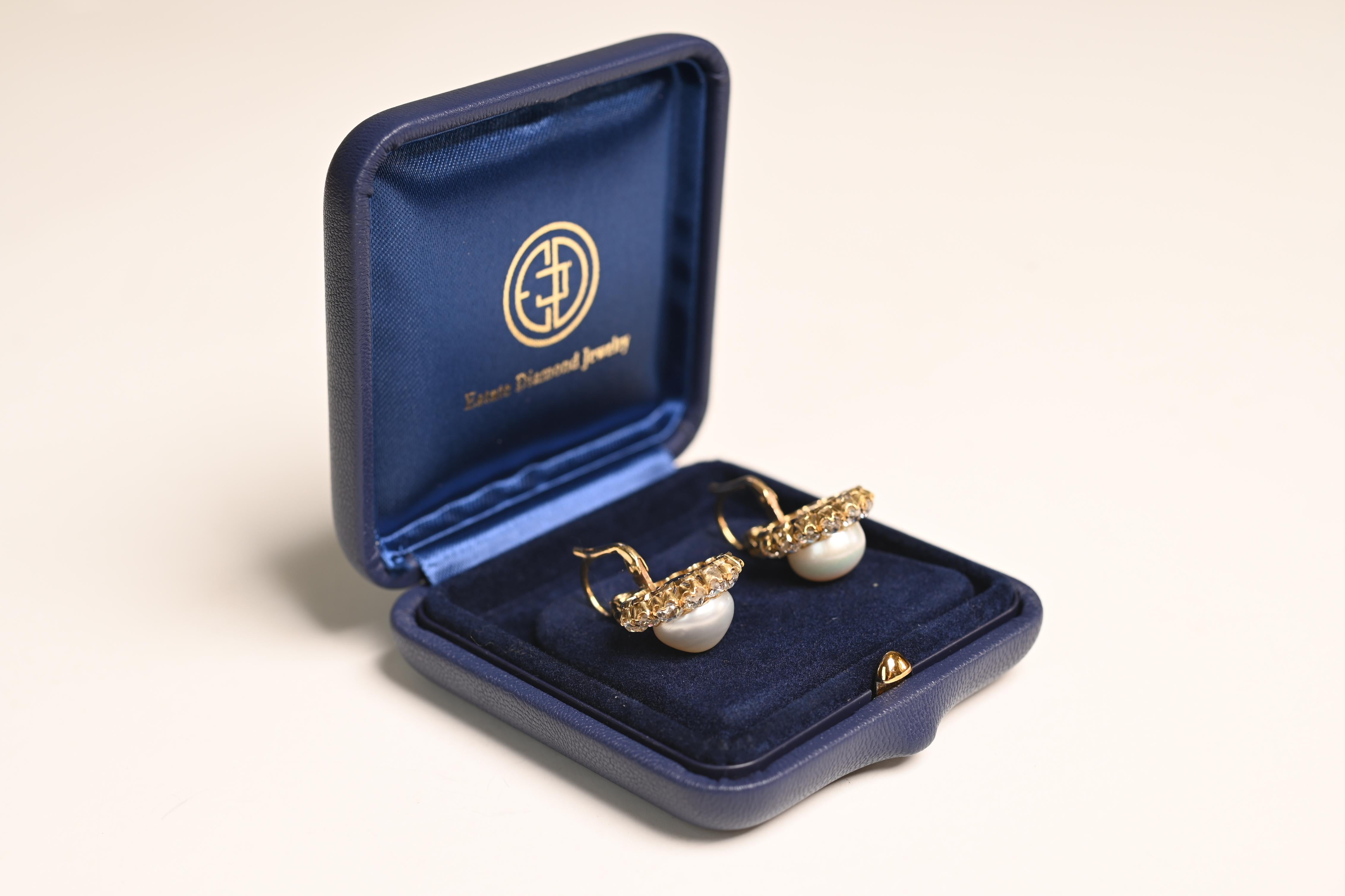Old European Cut Round Button Natural Saltwater Pearl Earrings, Diamond Cluster, 18k Yellow Gold For Sale