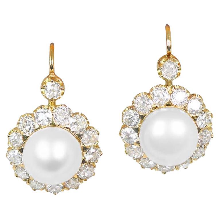 Round Button Natural Saltwater Pearl Earrings, Diamond Cluster, 18k Yellow Gold For Sale
