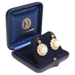 Round Button Natural Saltwater Pearl Earrings, Diamond Cluster, 18k Yellow Gold