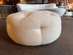 Round Button Tufted Upholstered Milo Baughman Style Ottoman