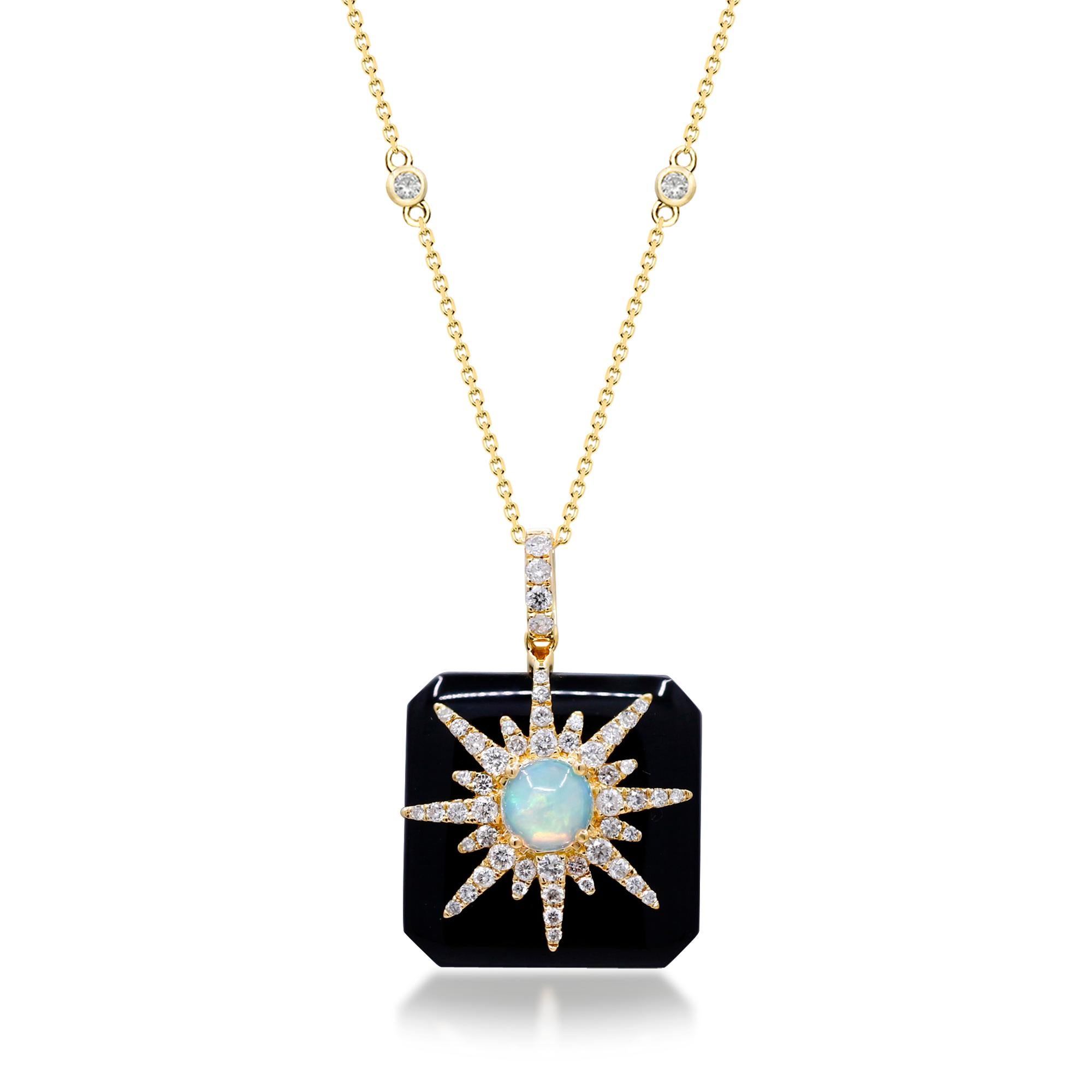 Round-cab Ethiopian Opal and Onyx with Diamond Accents 14K Yellow Gold Pendant In New Condition For Sale In New York, NY