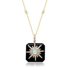 Round-cab Ethiopian Opal and Onyx with Diamond Accents 14K Yellow Gold Pendant
