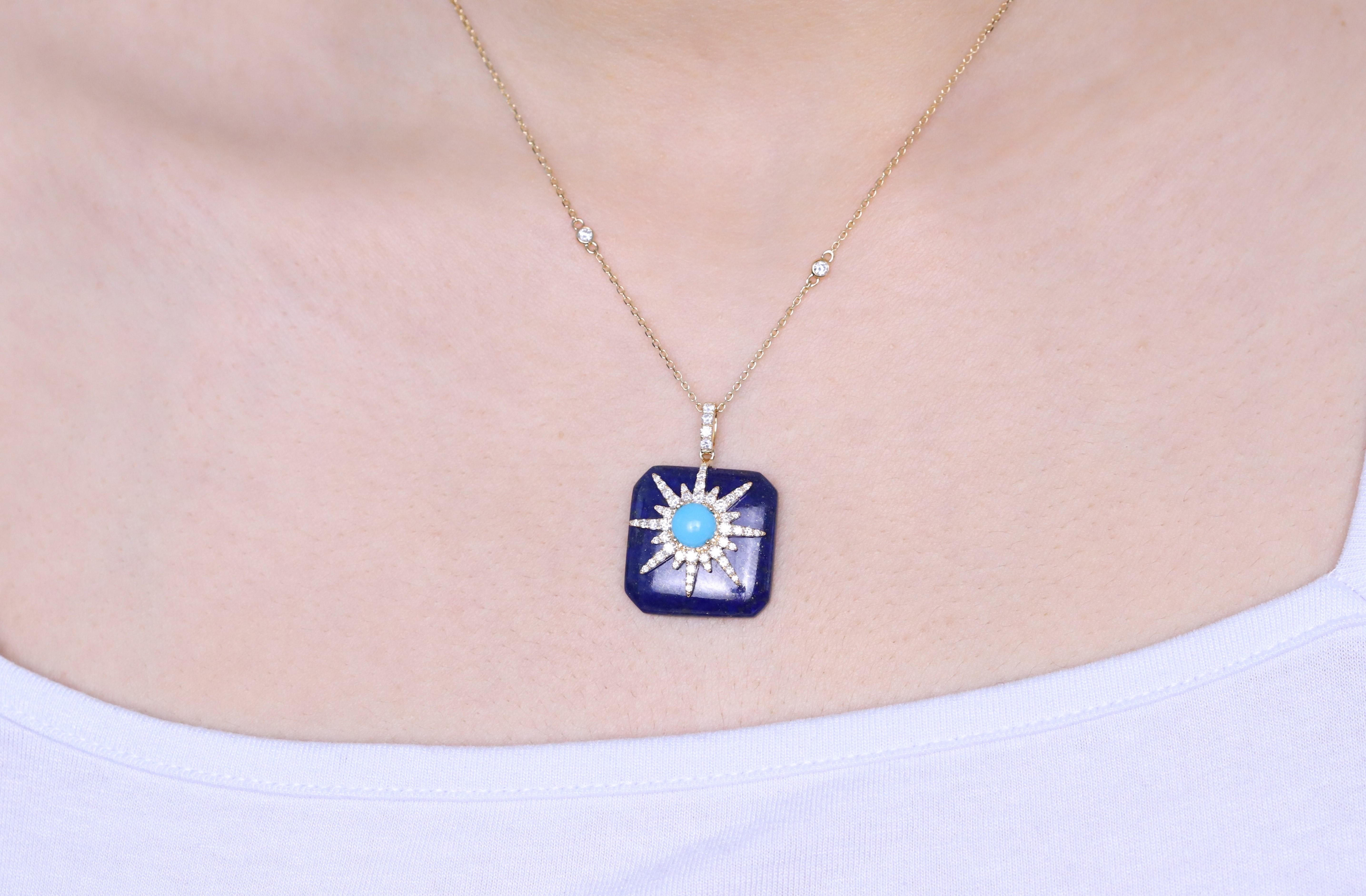 Decorate yourself in elegance with this Pendant is crafted from 14-karat Yellow Gold by Gin & Grace. This Pendant is made up of Round-Cab Turquoise (1 pcs) 0.87 carat, Free Size Lapis (1pc) 19.54 carat and Round-cut White Diamond (54 Pcs) 0.62