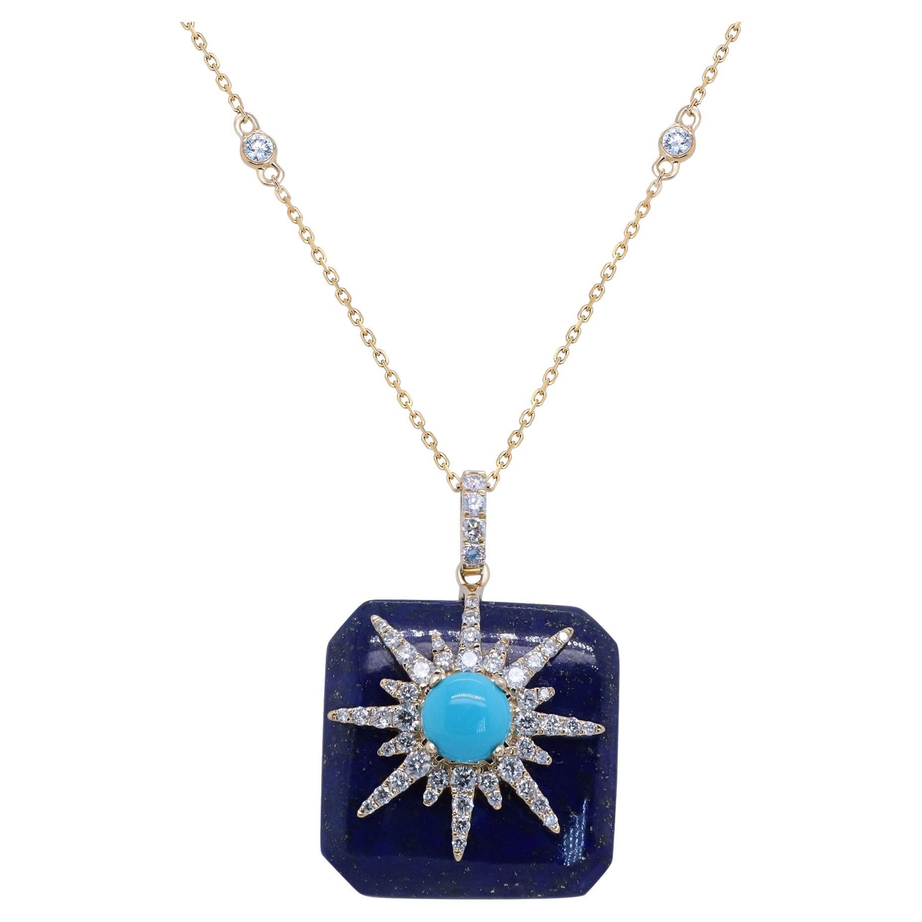 Classic Round-cab Turquoise and Lapis with Diamond 14K Yellow Gold Pendant