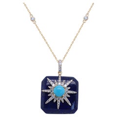 Vintage Classic Round-cab Turquoise and Lapis with Diamond 14K Yellow Gold Pendant