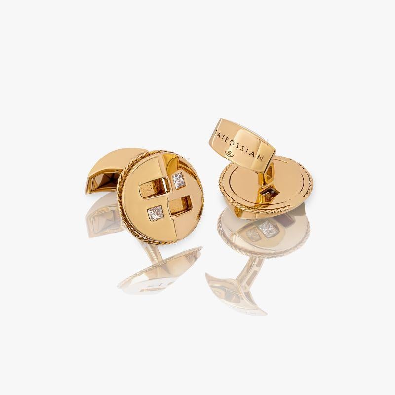 Round Cable Cufflink in 18k Yellow Gold with Diamonds

A thin intricate twisted cable wraps around the edge of the case, adding texture and pattern to this classic, luxurious cufflink. The face cufflink features a surface of multiple depths with