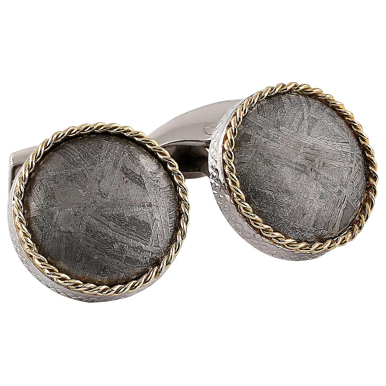 Round Cable Meteorite Cufflinks in Silver with 18 Karat Gold 'Limited Edition'