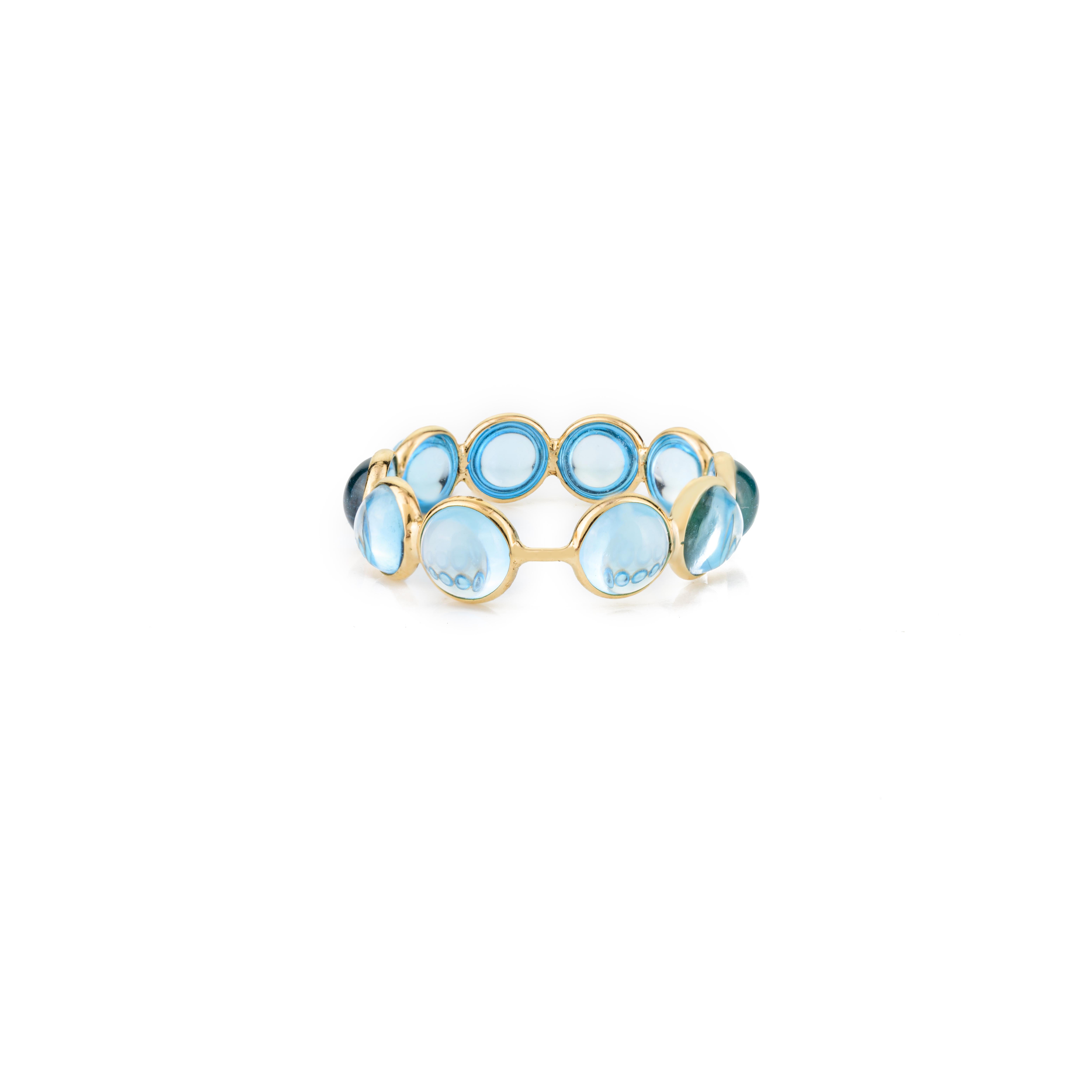 For Sale:  Round Cabochon Blue Topaz Eternity Band Ring Gift in 18k Solid Yellow Gold 5