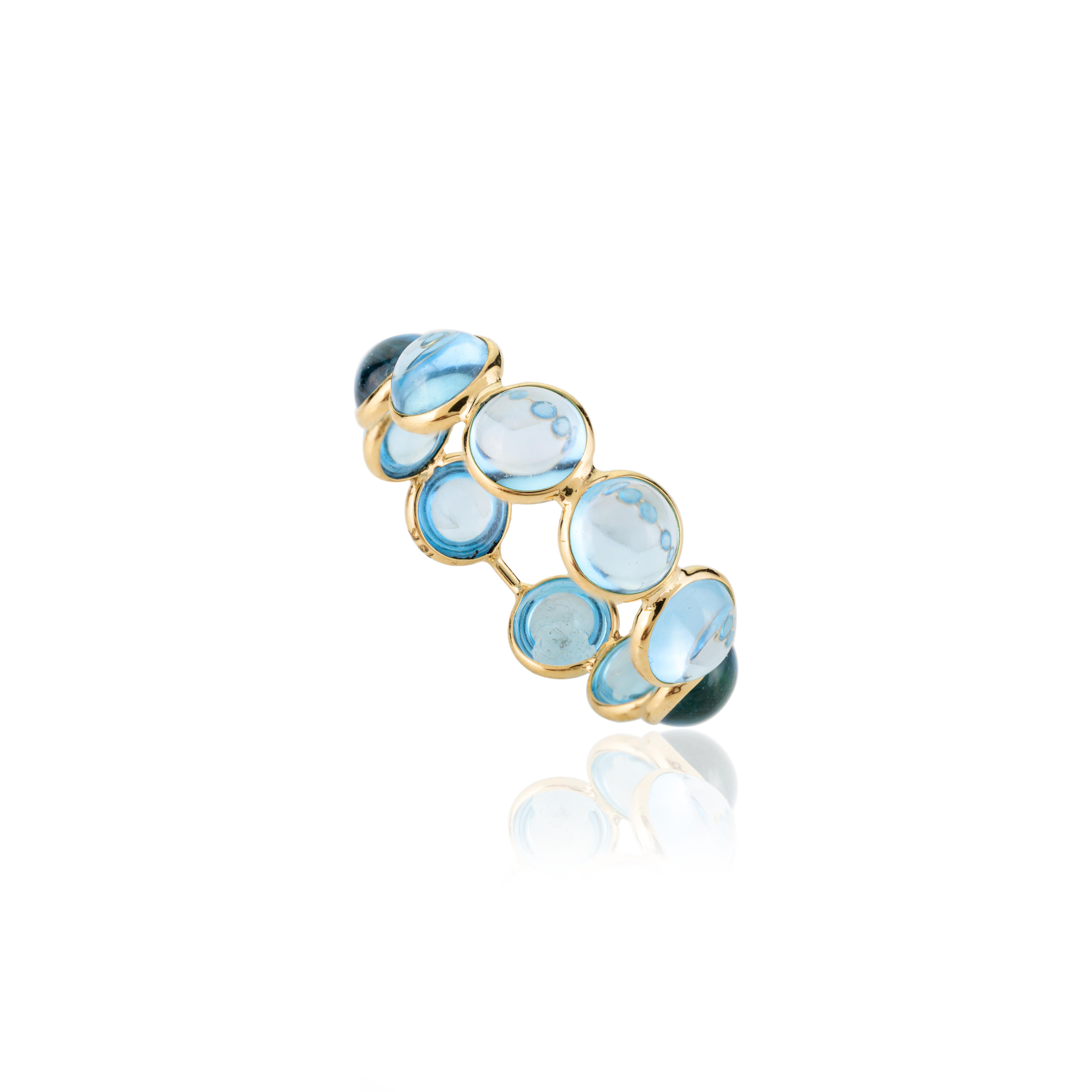 For Sale:  Round Cabochon Blue Topaz Eternity Band Ring Gift in 18k Solid Yellow Gold 7