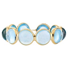 Round Cabochon Blue Topaz Eternity Band Ring Gift in 18k Solid Yellow Gold