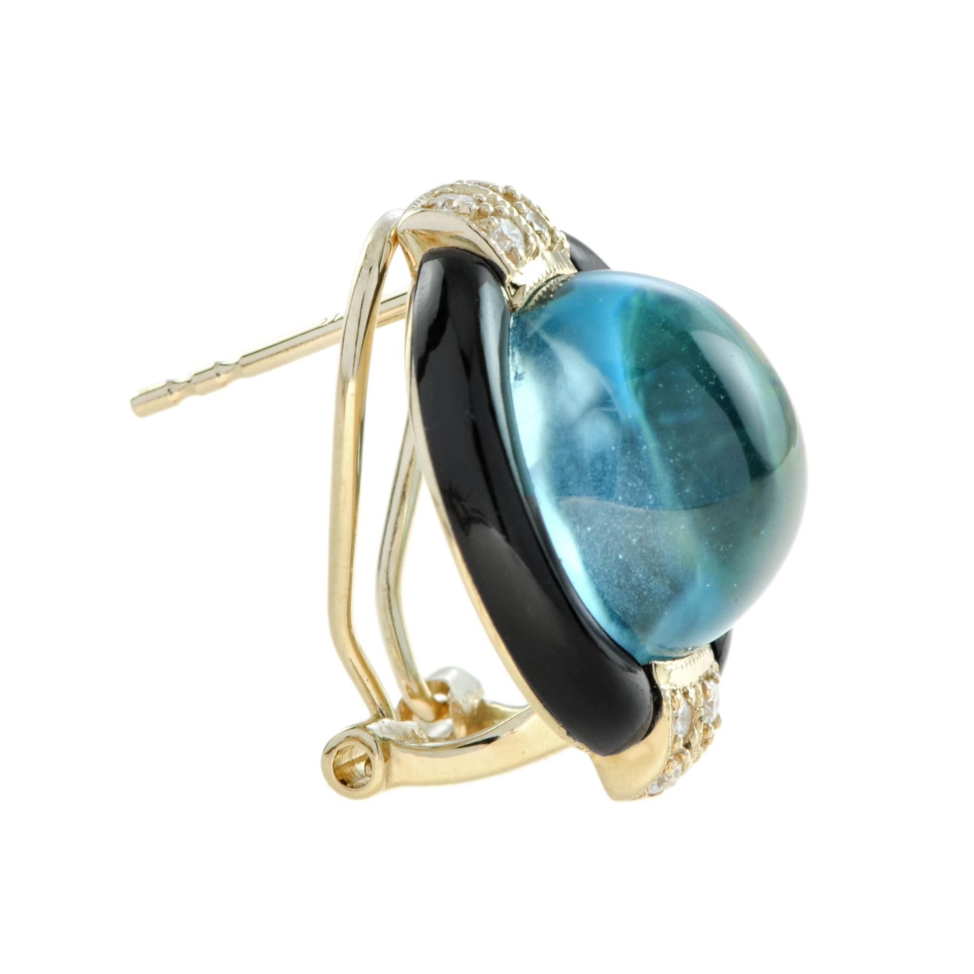 With radiant sparkle and bold contrast, these 14k yellow gold stud earrings are irresistible. Each features a cabochon blue topaz, edged in outer frame of black onyx.
Information
Style: Art Deco
Metal: Yellow Gold
Width: 19 mm.
Length: 16