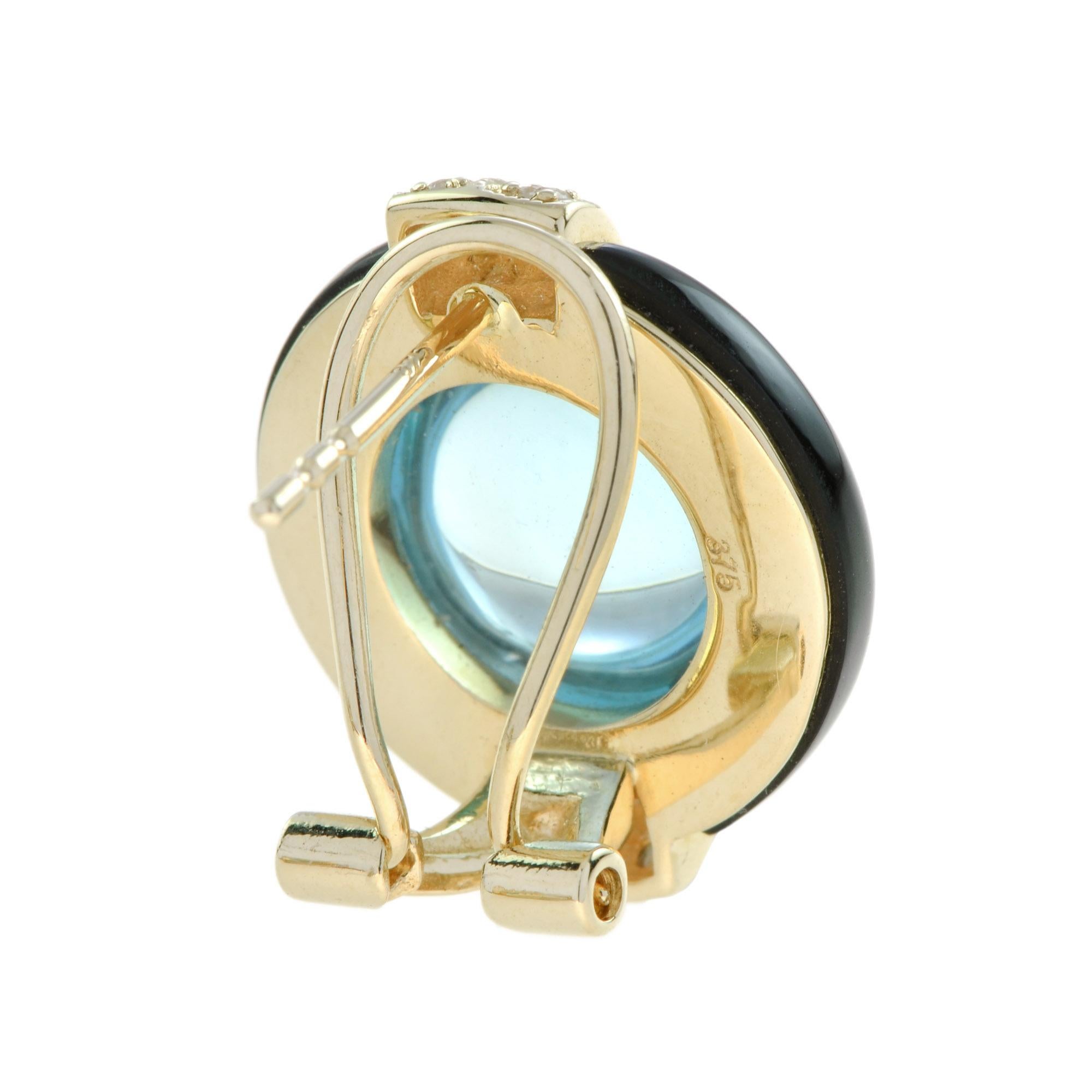Art déco Round Cabochon Blue Topaz & Onyx Diamond Halo 14K Yellow Gold Studs Earrings en vente