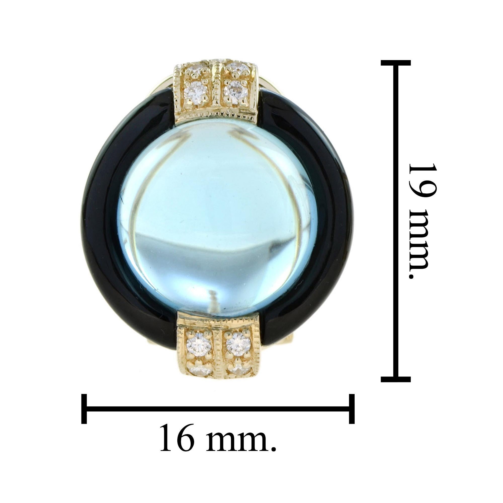 Round Cabochon Blue Topaz & Onyx Diamond Halo 14K Yellow Gold Studs Earrings Neuf - En vente à Oakton, VA