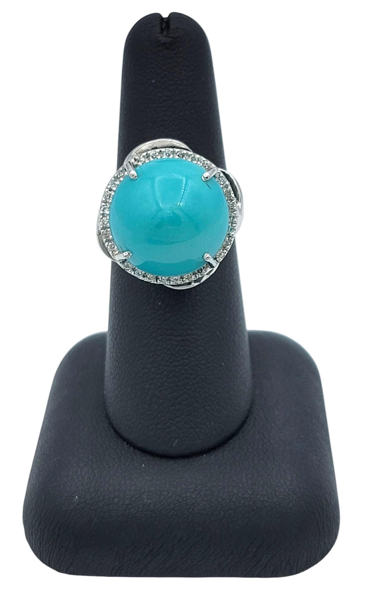 Round Cabochon Cut Turquoise Cocktail Ring with Diamond Halo in 14 Karat Gold For Sale 5