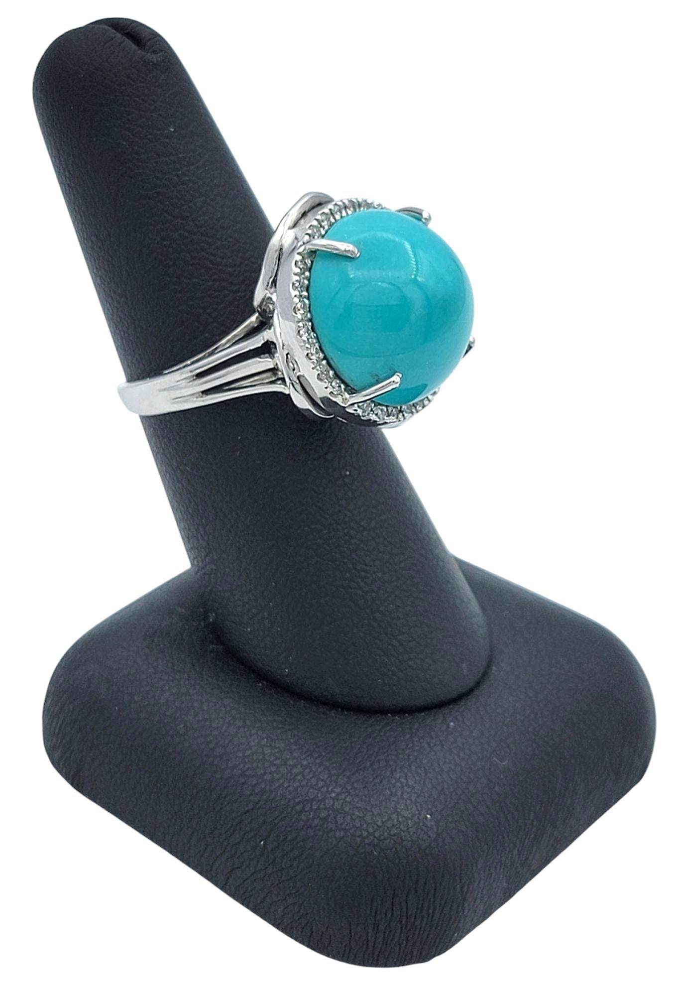 Round Cabochon Cut Turquoise Cocktail Ring with Diamond Halo in 14 Karat Gold For Sale 6