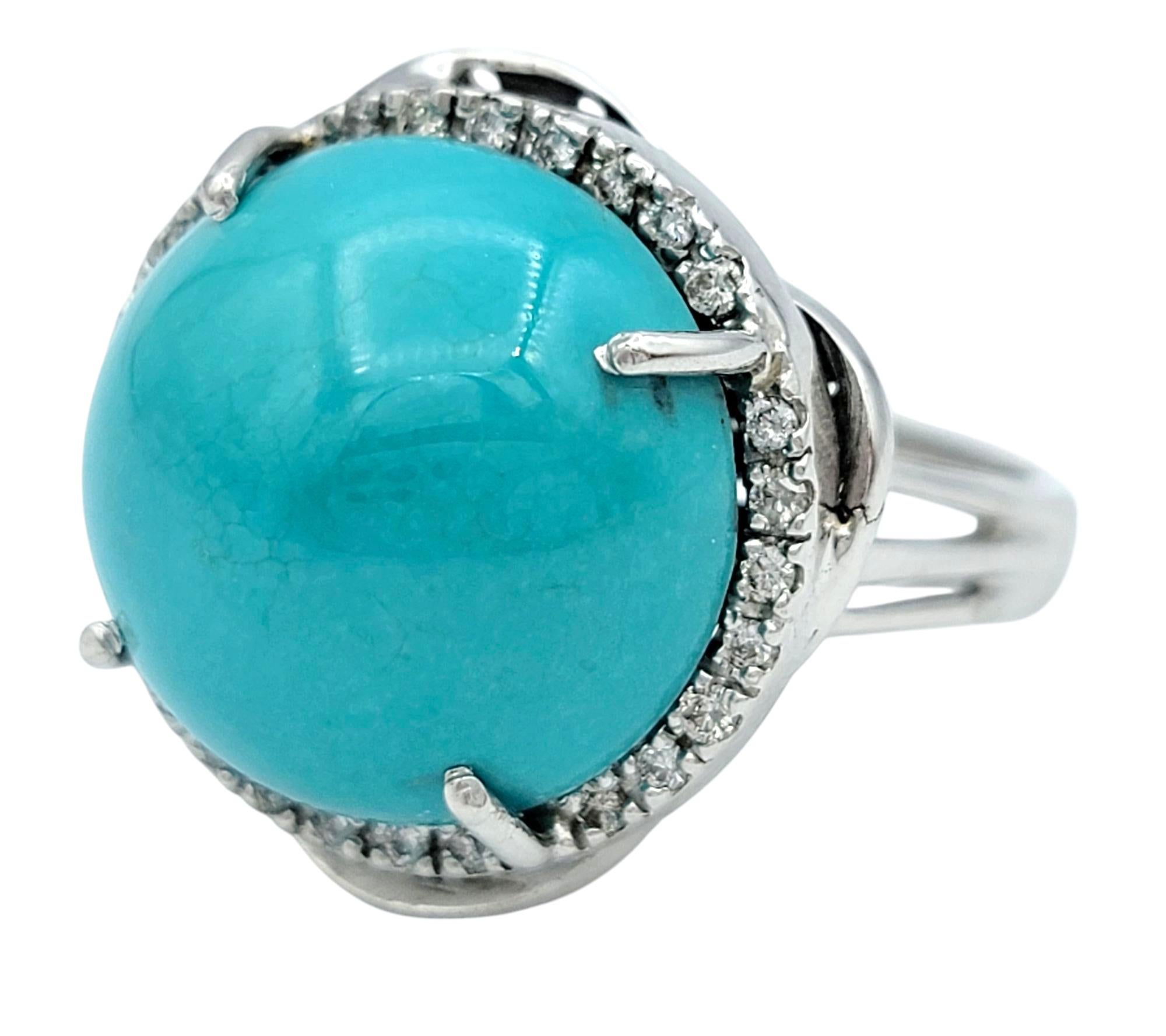 Contemporary Round Cabochon Cut Turquoise Cocktail Ring with Diamond Halo in 14 Karat Gold For Sale