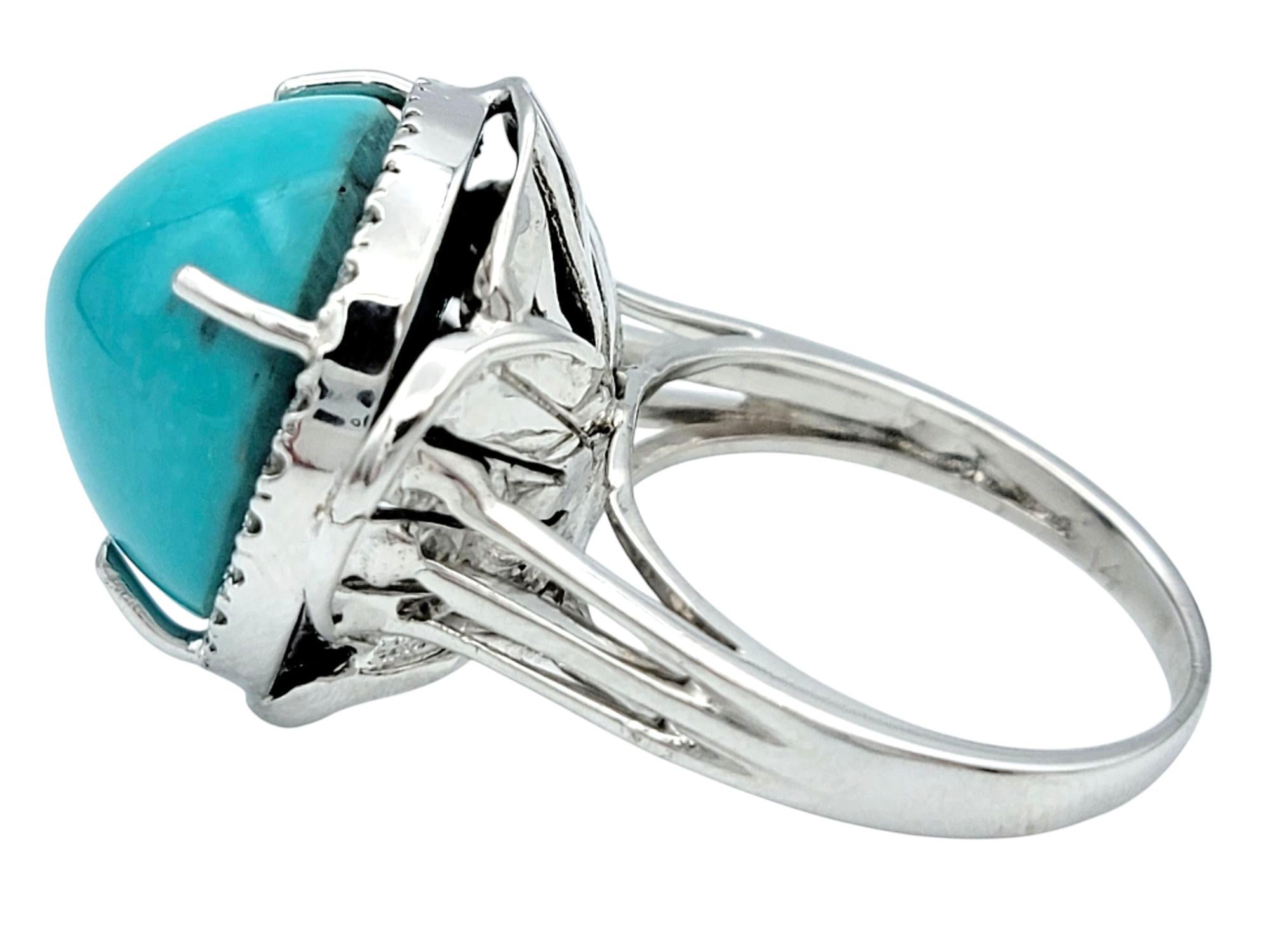 Women's Round Cabochon Cut Turquoise Cocktail Ring with Diamond Halo in 14 Karat Gold For Sale