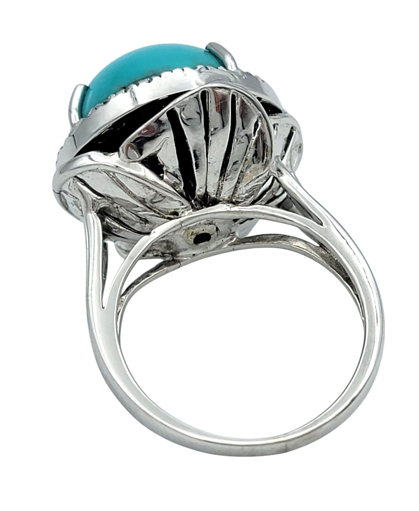 Round Cabochon Cut Turquoise Cocktail Ring with Diamond Halo in 14 Karat Gold For Sale 1