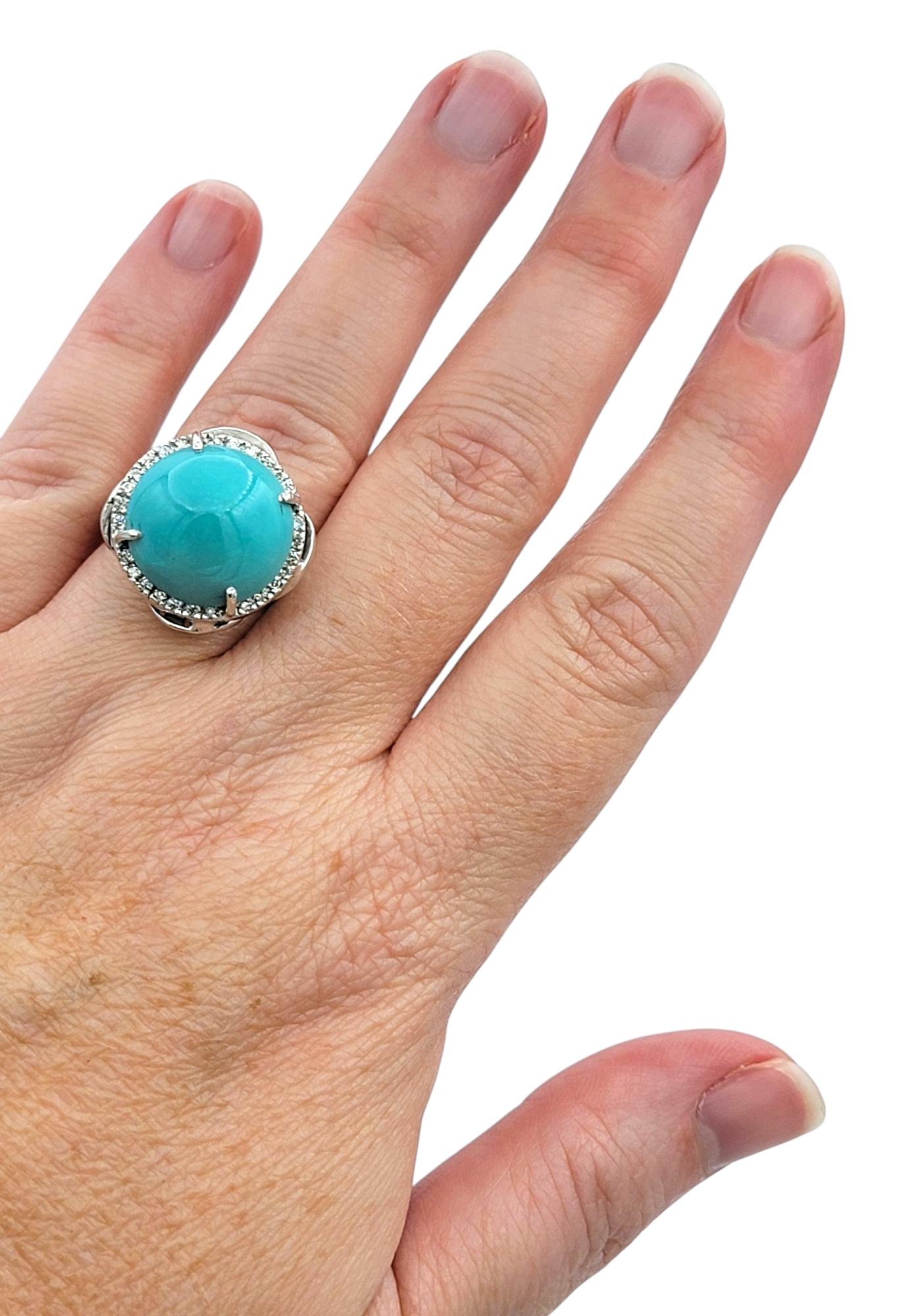 Round Cabochon Cut Turquoise Cocktail Ring with Diamond Halo in 14 Karat Gold For Sale 3