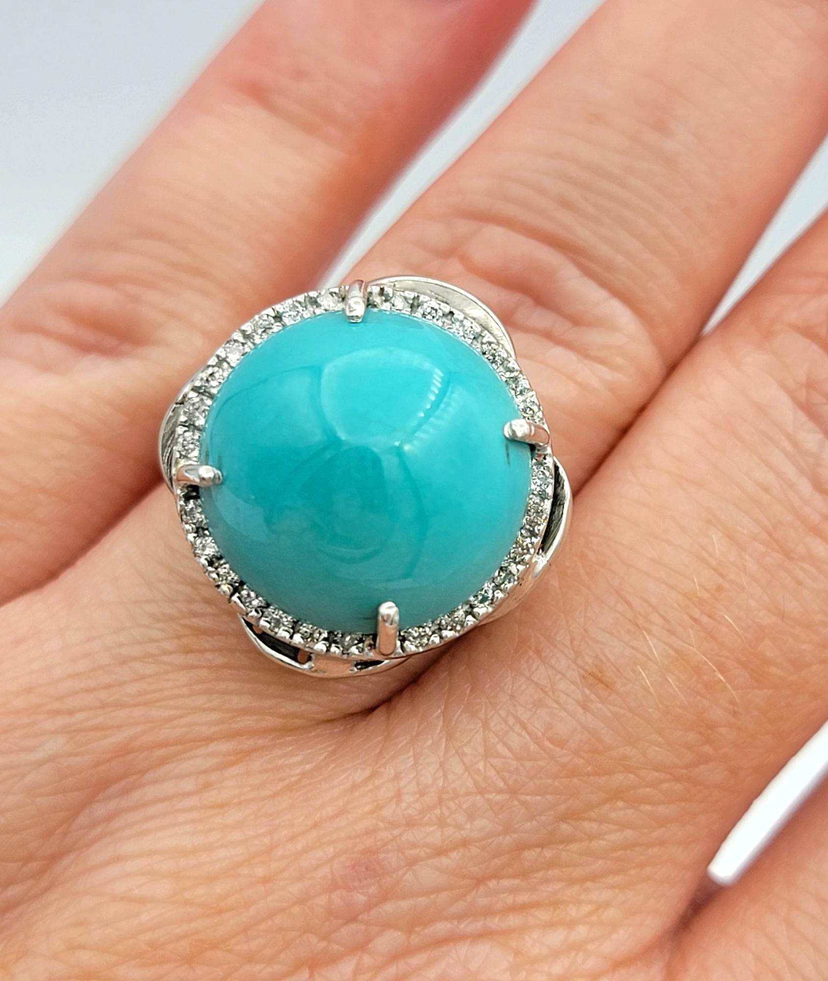 Round Cabochon Cut Turquoise Cocktail Ring with Diamond Halo in 14 Karat Gold For Sale 4
