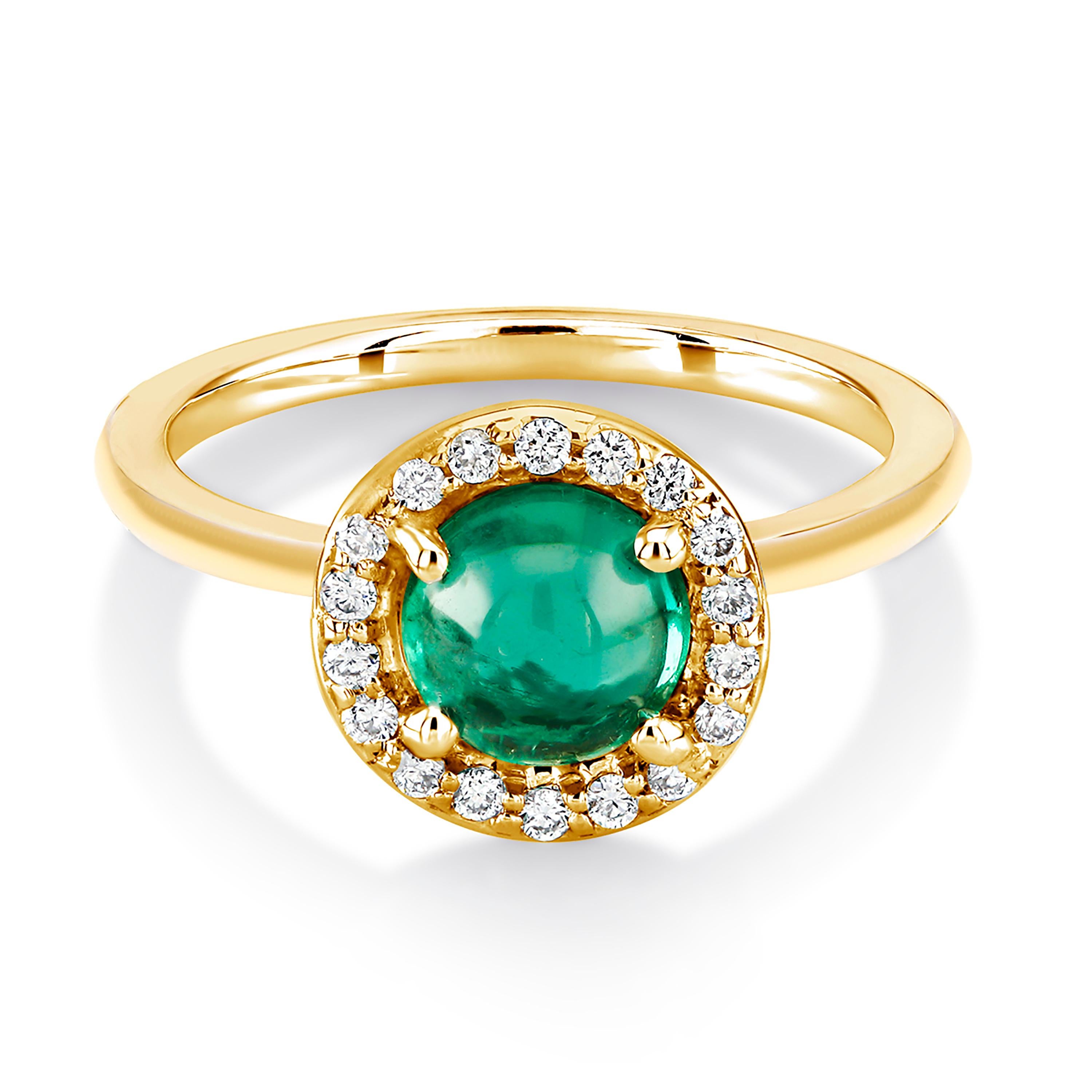 Round Cut Round Cabochon Emerald and Diamond Cocktail Cluster Yellow Gold Ring
