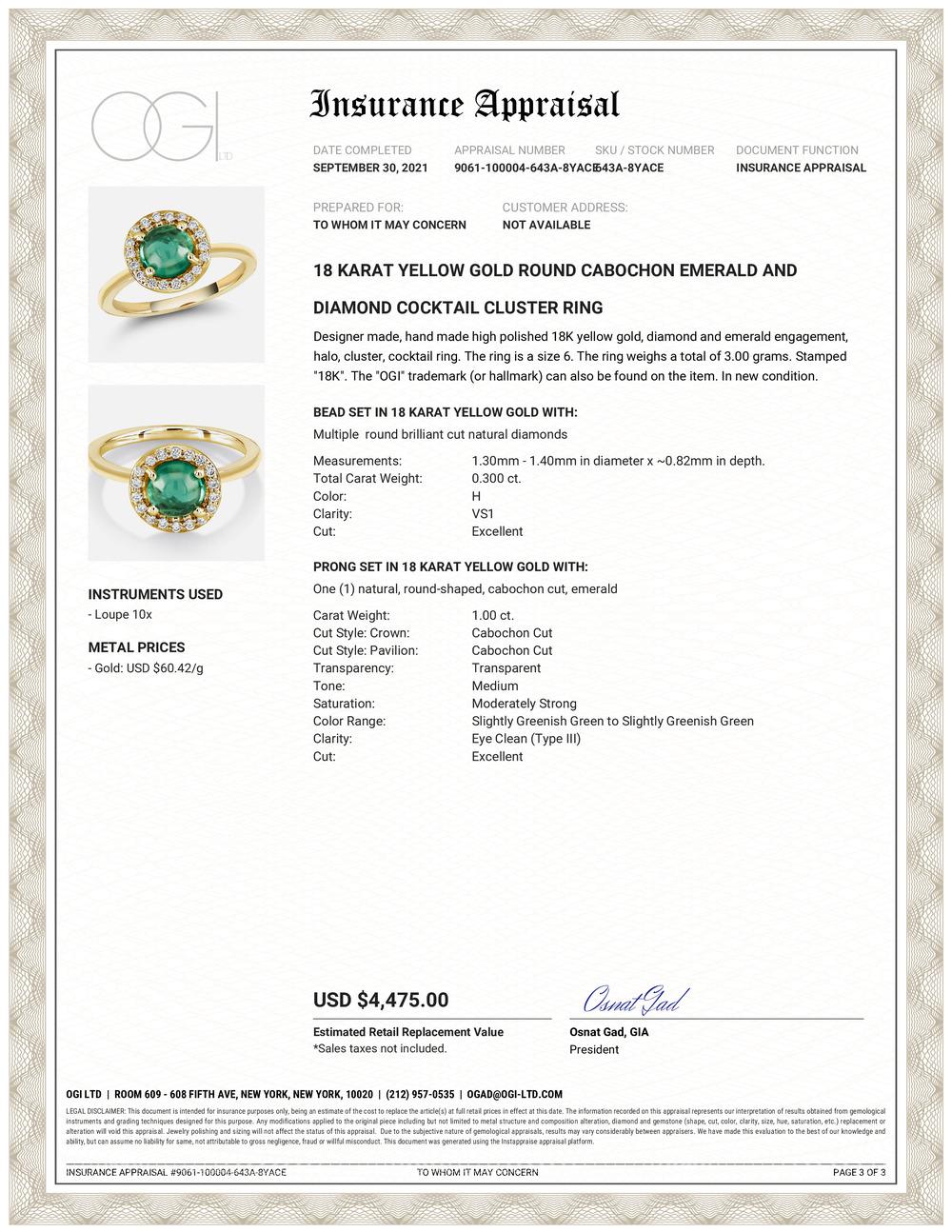 Eighteen karats yellow gold cocktail ring
Cabochon emerald weighing 1.00 carat 
Round pave-set diamonds weighing 0.30 carat
Diamond quality G VS
New ring 
Ring finger size 6 In Stock
Ring shank measuring 1.7 millimeter 
The ring can be slightly