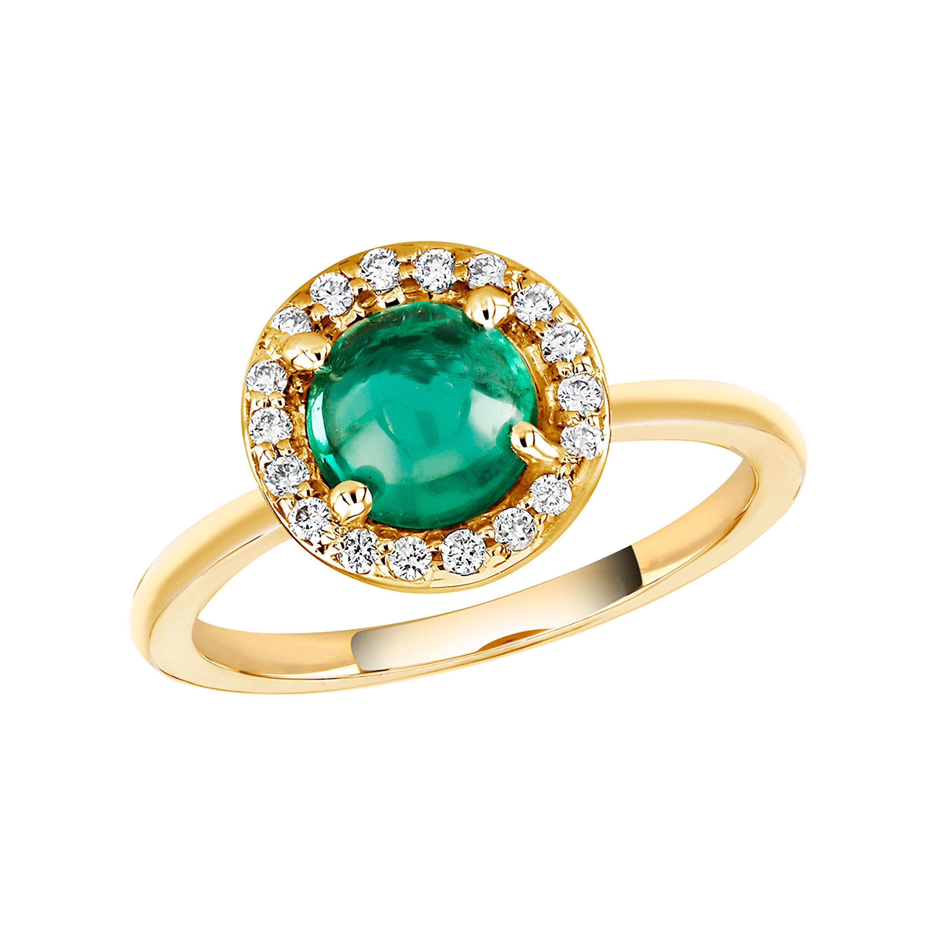 Round Cabochon Emerald and Diamond Cocktail Cluster Yellow Gold Ring