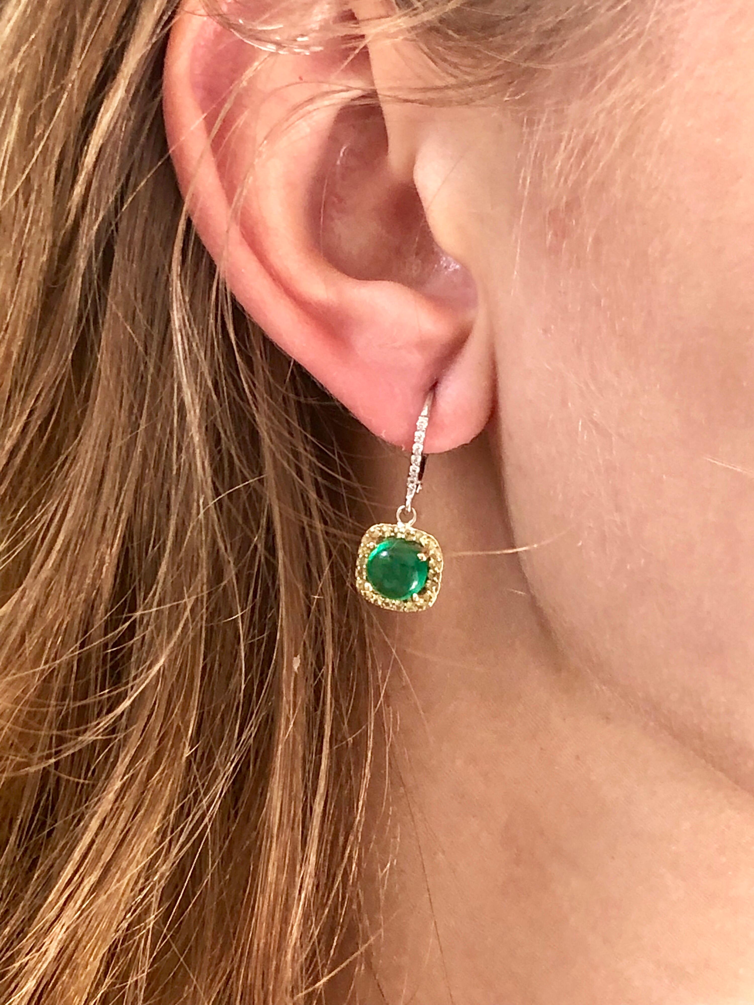 Contemporary Round Cabochon Emerald and Diamond Drop Hoop Earrings