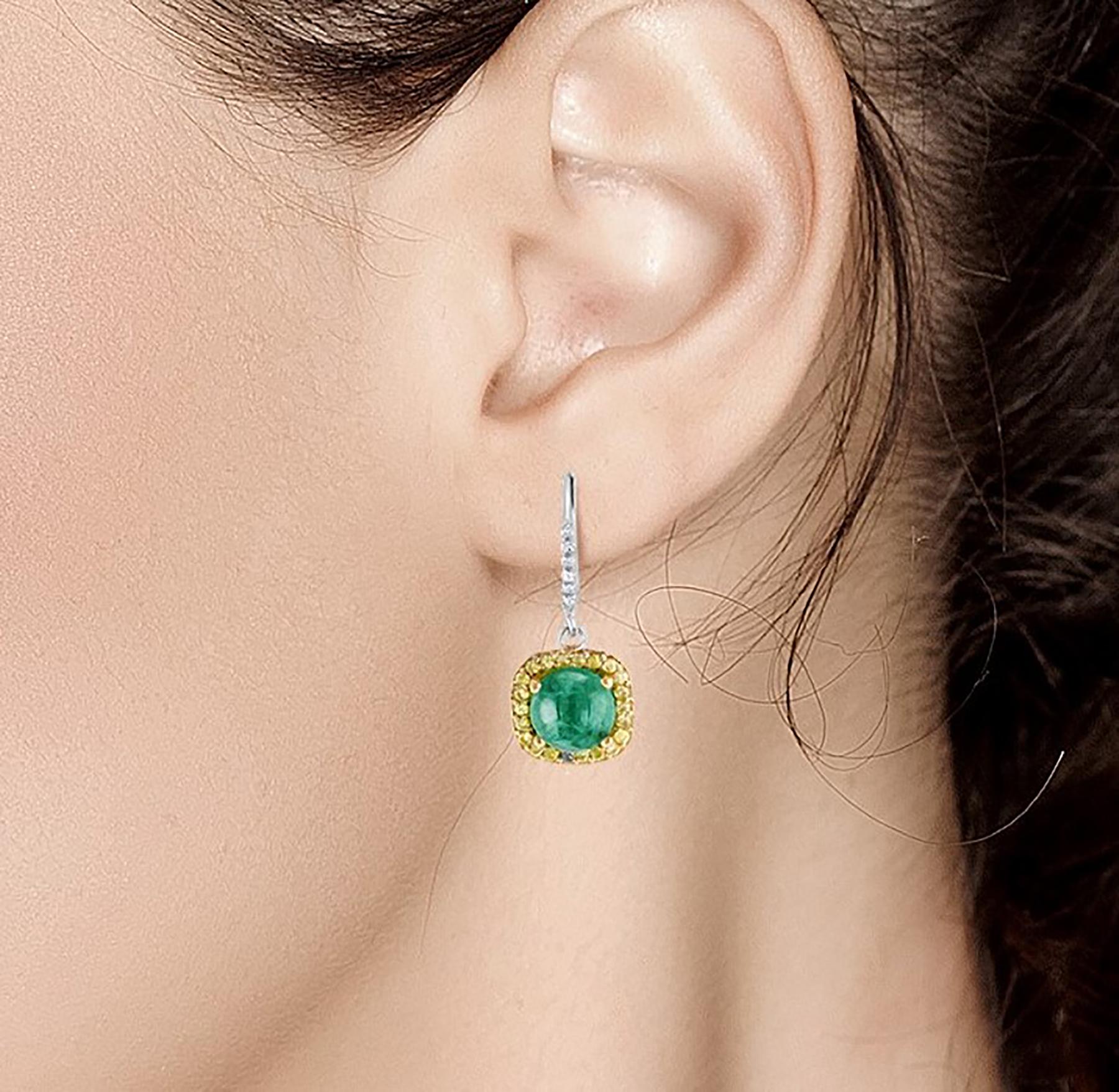Round Cut Round Cabochon Emerald and Diamond Drop Hoop Earrings