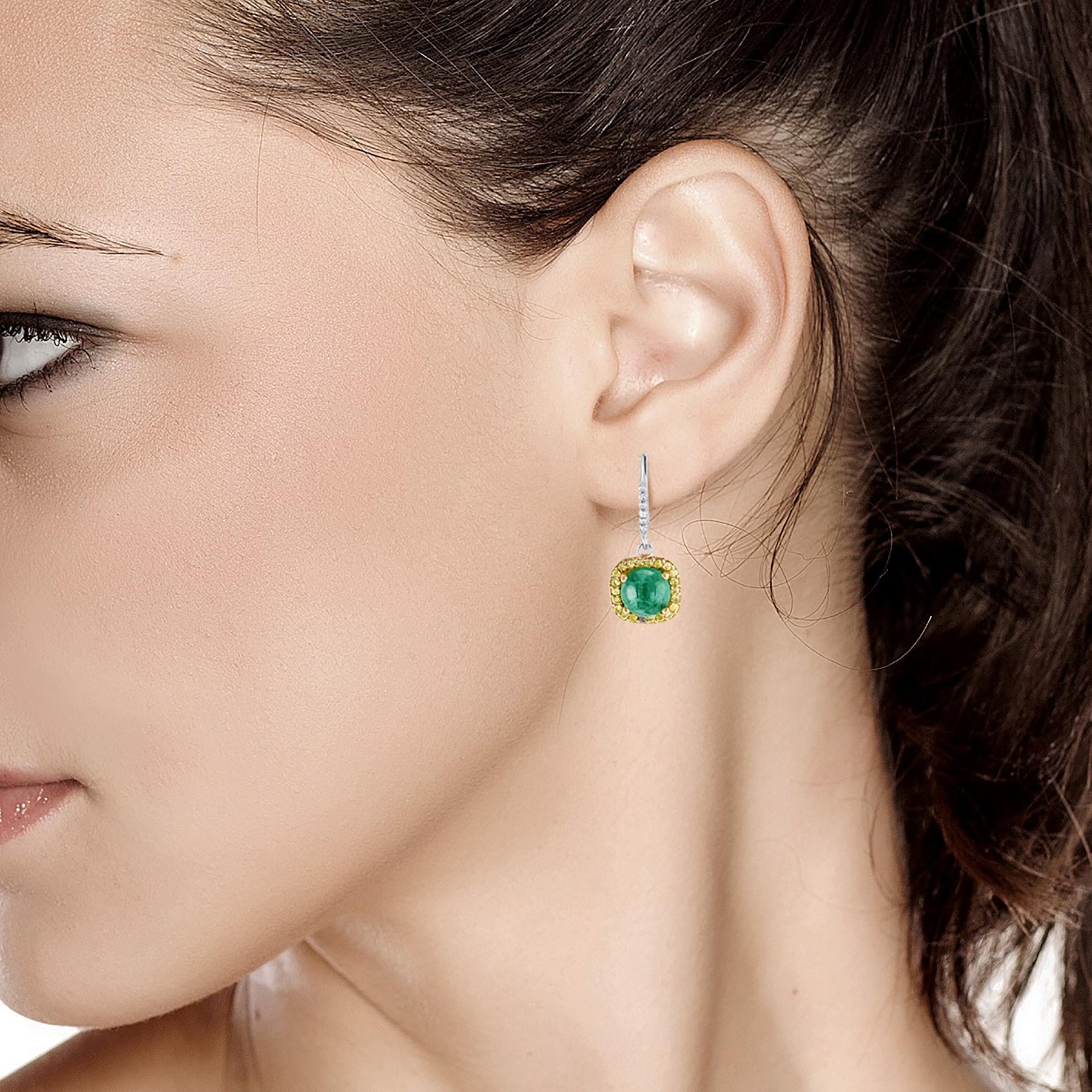 Women's Round Cabochon Emerald and Diamond Drop Hoop Earrings