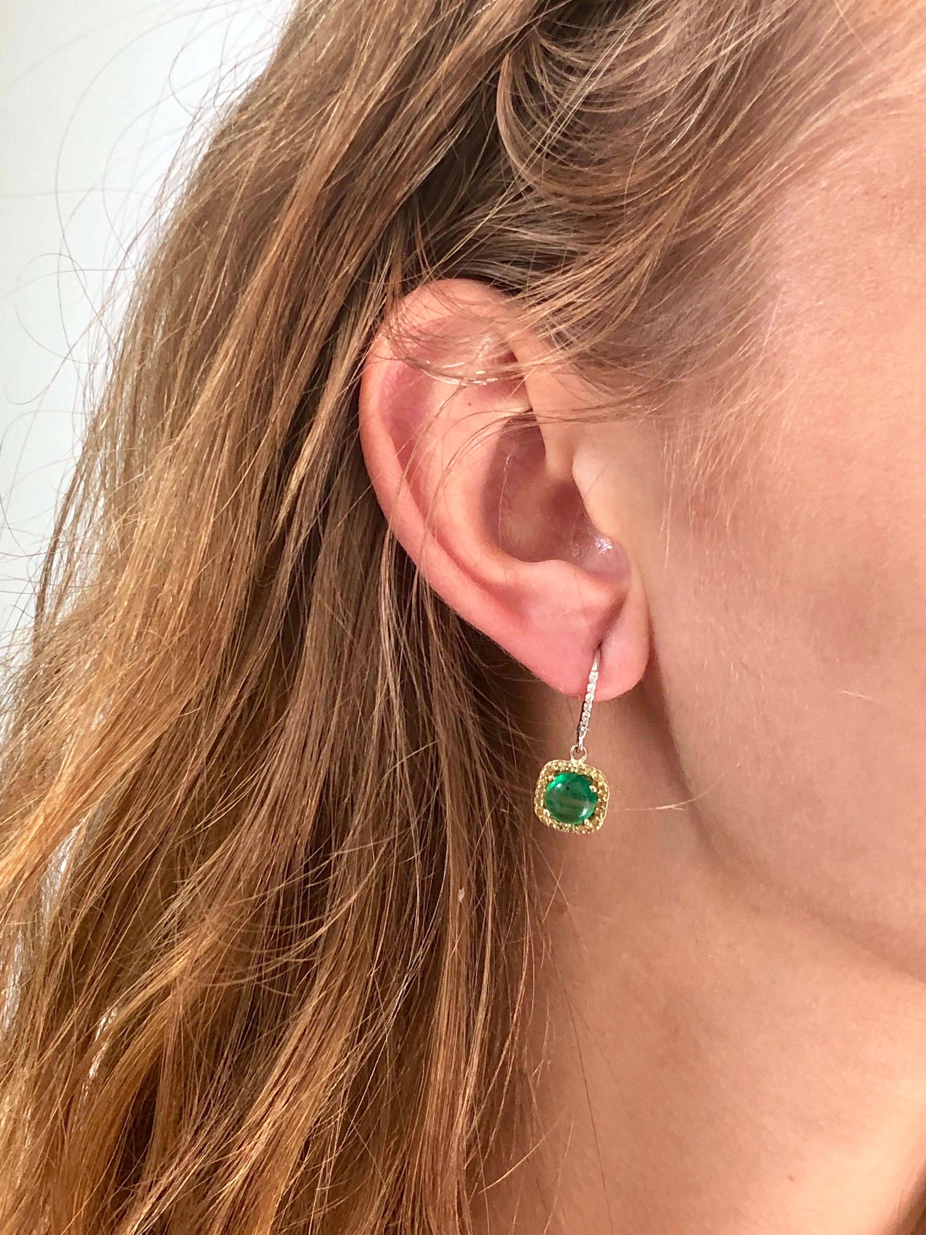 Round Cabochon Emerald and Diamond Drop Hoop Earrings In New Condition In New York, NY
