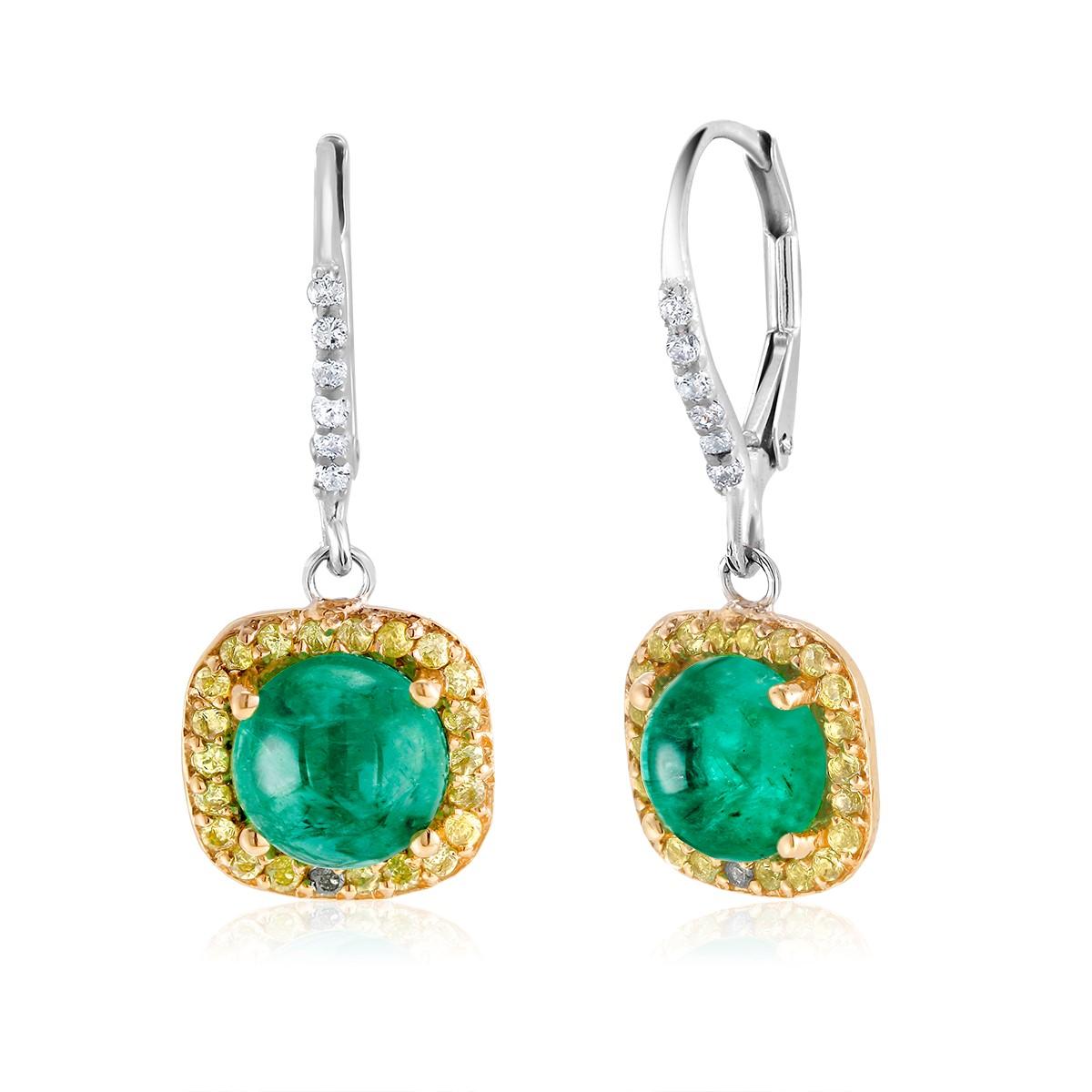 Round Cabochon Emerald and Diamond Drop Hoop Earrings 1