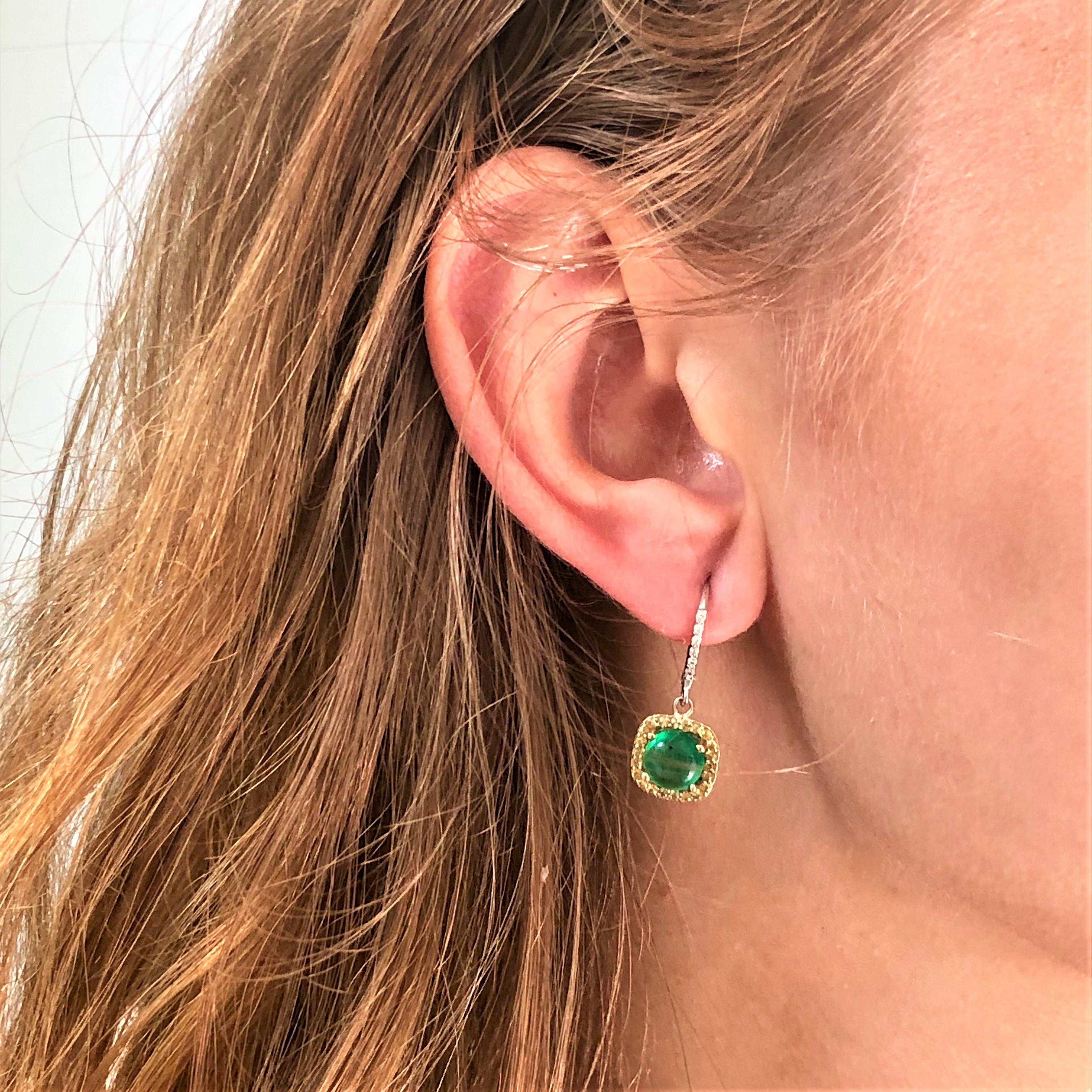 Round Cabochon Emerald and Diamond Drop Hoop Earrings 3