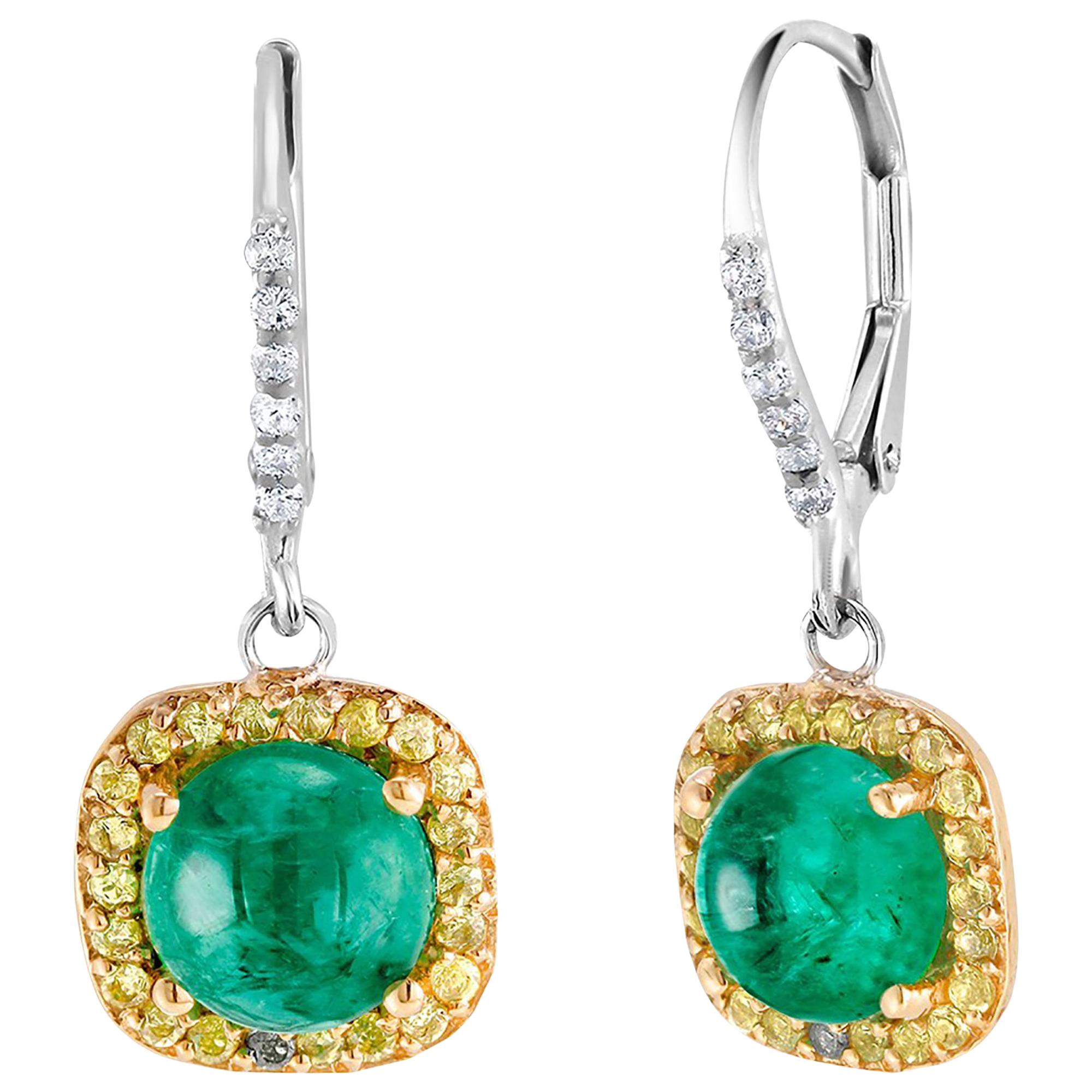 Round Cabochon Emerald and Diamond Drop Hoop Earrings