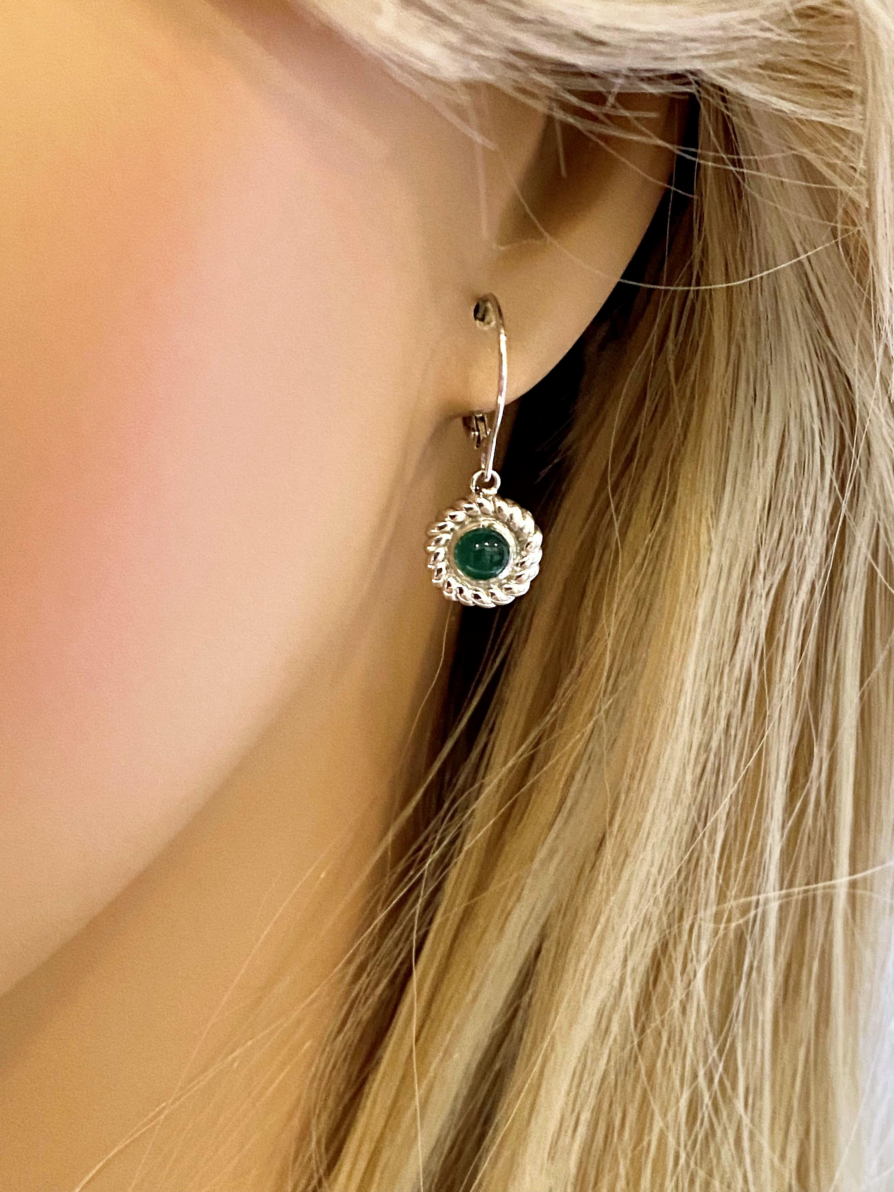 Round Cut Round Cabochon Emerald Braided Bezel Set Lever Back Gold Hoop Earrings